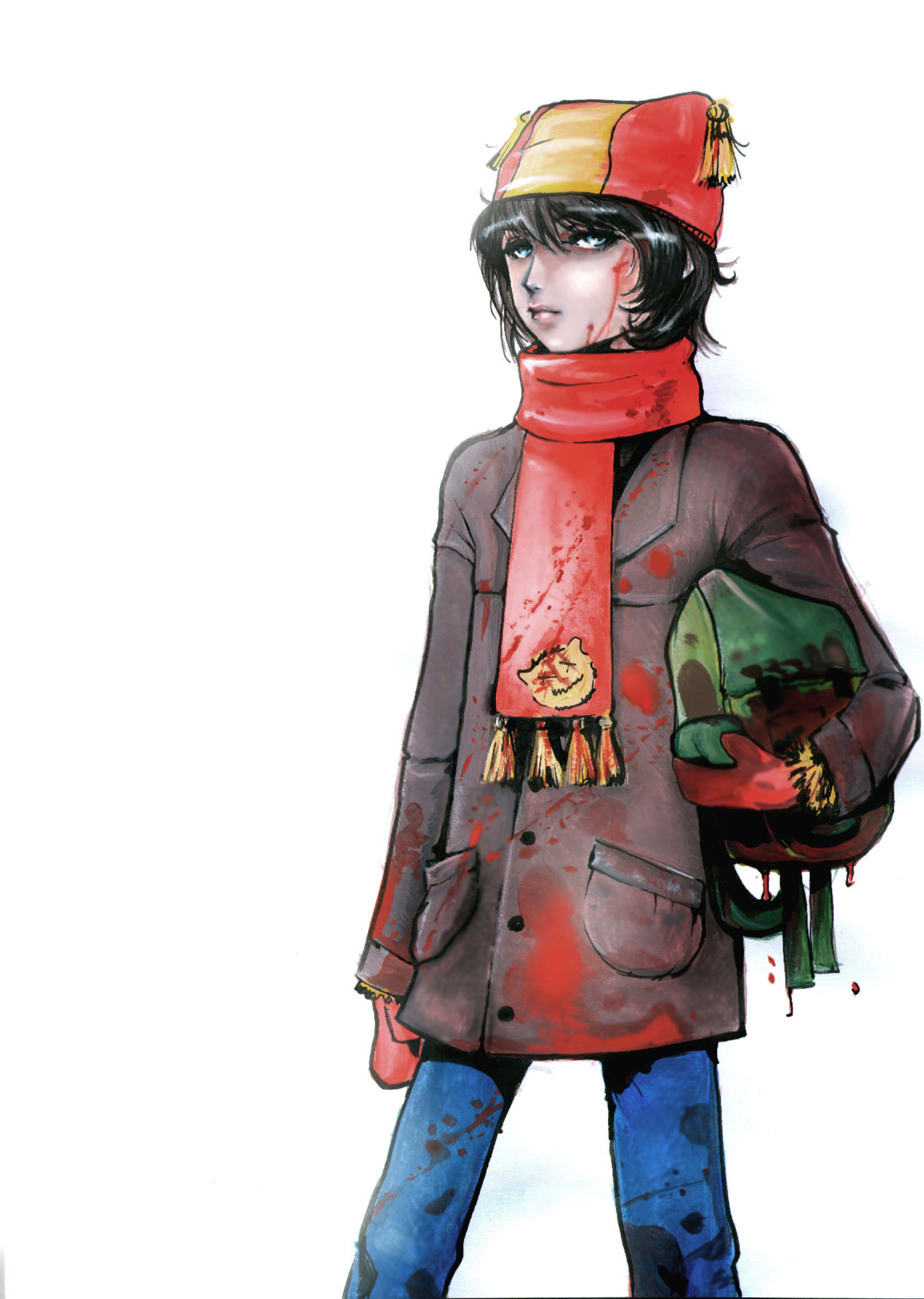 coffin joe, original, highres, 1girl, bag, black hair, blood, blue eyes, creepy, denim, female focus, horror (theme), jeans, pants, scarf, solo