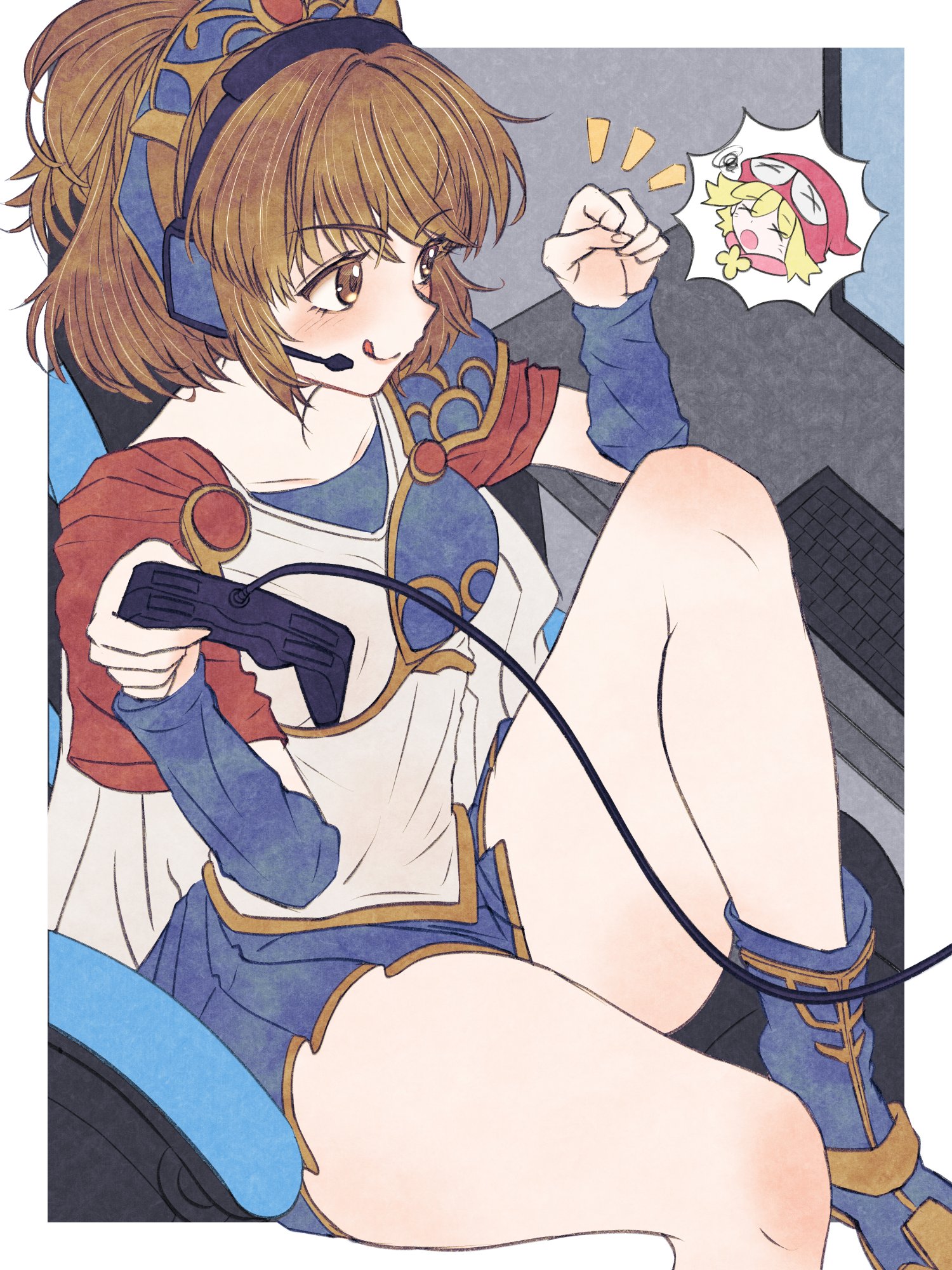 condotakeshi, amitie (puyopuyo), arle nadja, puyopuyo, commentary request, highres, 2girls, :q, armor, blonde hair, blue boots, blue skirt, blue sleeves, blush, boots, breastplate, brown eyes, brown hair, cape, chair, clenched hand, computer, computer keyboard, controller, detached sleeves, from above, game controller, gaming chair, hand up, hat, headband, headset, holding, holding controller, knee up, monitor, multiple girls, notice lines, on chair, pauldrons, playing games, ponytail, reaction inset, shirt, short hair, shoulder armor, single pauldron, sitting, skirt, smile, swivel chair, thick thighs, thighs, tongue, tongue out, white shirt, x x