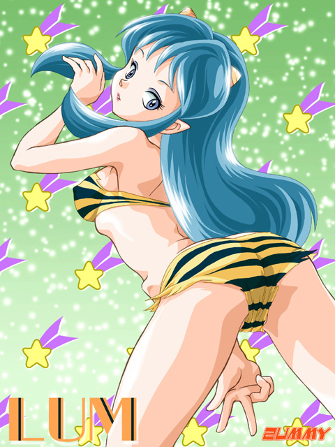 zummy, lum, urusei yatsura, striped, bad id, bad pixiv id, 1girl, animal print, aqua hair, ass, bandeau, bikini, blue eyes, cone horns, eyeshadow, female focus, horns, lipstick, long hair, makeup, pointy ears, small horns, solo, star (symbol), strapless, swimsuit, tiger print, tube top, yellow bikini