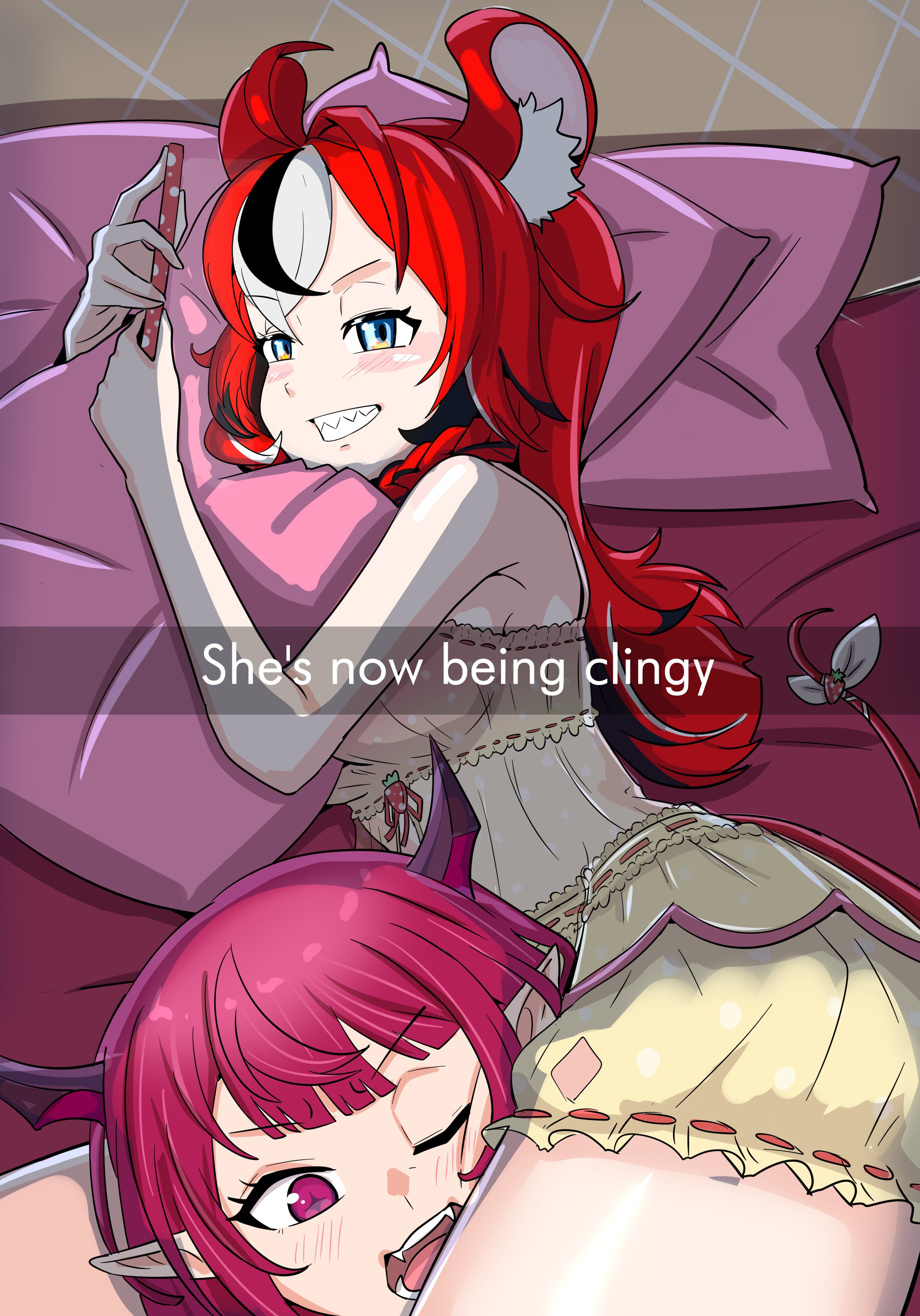 shadowsky exe, hakos baelz, hakos baelz (strawberry onesie), irys (hololive), hololive, hololive english, absurdres, highres, 2girls, animal ears, black hair, blush, cellphone, english text, head between thighs, holding, holding phone, i'm this clingy (meme), long hair, looking at phone, lying, meme, mouse ears, mouse girl, mouse tail, multicolored hair, multiple girls, official alternate costume, on side, open mouth, phone, pillow, red hair, smartphone, streaked hair, tail, thighs, virtual youtuber, yuri