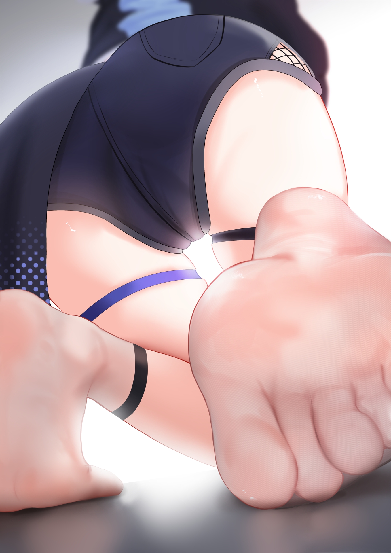 rancidronin, silver wolf (honkai: star rail), honkai: star rail, honkai (series), highres, 1girl, ass, ass focus, barefoot, black shorts, blurry, close-up, feet, foot focus, from behind, kneeling, legs, lower body, no shoes, short shorts, shorts, skindentation, socks, soles, solo, tail, thigh strap, thighs, toes, white background