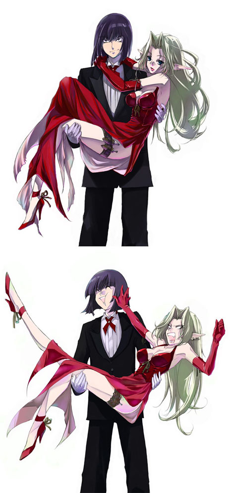 ocha (artea), filia ul copt, xelloss, slayers, slayers try, 1990s (style), 1boy, 1girl, angry, blonde hair, couple, dress, earrings, elbow gloves, formal clothes, gloves, hetero, high heels, jewelry, knife, long hair, pointy ears, shoes, slapping, suit, thigh strap, unusually open eyes