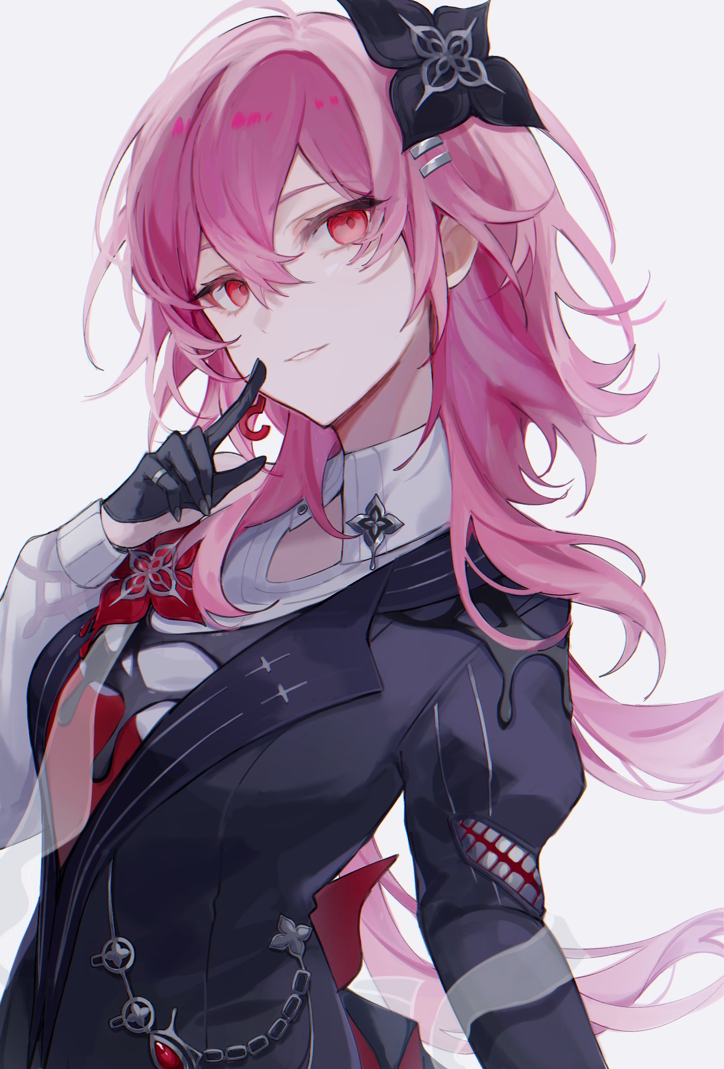 evernight (honkai: star rail), march 7th (honkai: star rail), honkai: star rail, honkai (series), highres, 1girl, black flower, black gloves, black jacket, breasts, collared shirt, earrings, finger to mouth, flower, gloves, hair between eyes, hair ornament, hairclip, hand up, jacket, jewelry, long hair, long sleeves, looking at viewer, official alternate eye color, parted lips, pink hair, red eyes, shirt, simple background, single earring, smile, solo, upper body, white background, white shirt, yukino 00
