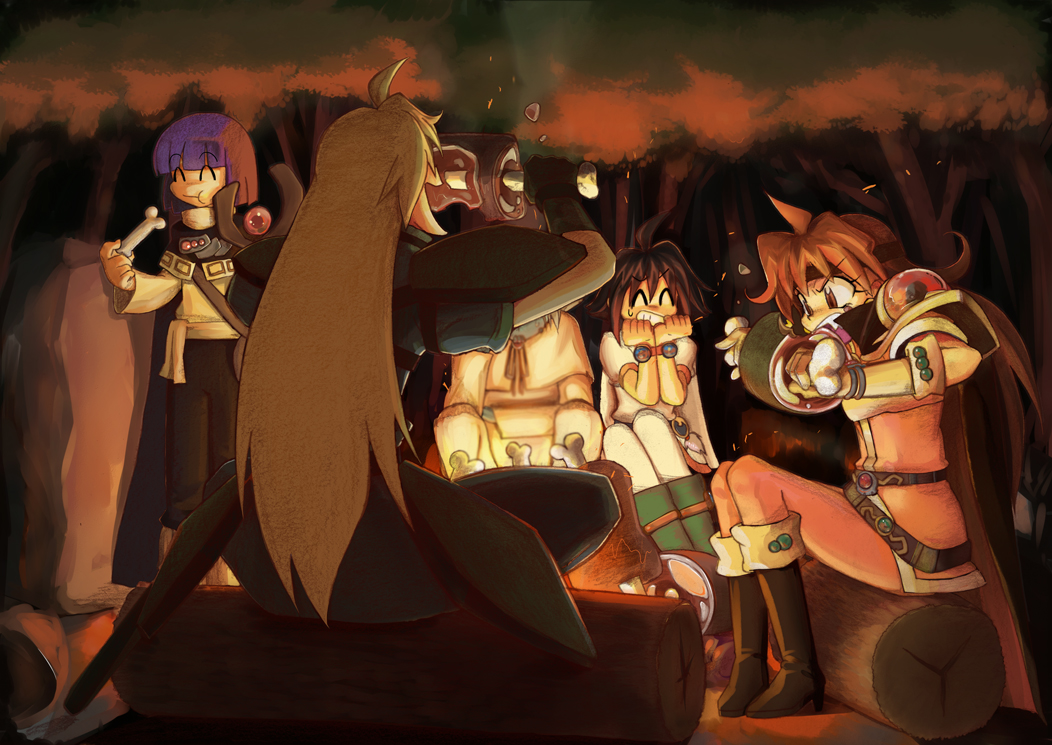 kitsunemu, amelia wil tesla seyruun, gourry gabriev, lina inverse, xelloss, zelgadiss graywords, slayers, 2girls, 3boys, ^ ^, boned meat, campfire, closed eyes, eating, fire, food, forest, log, meat, multiple boys, multiple girls, nature