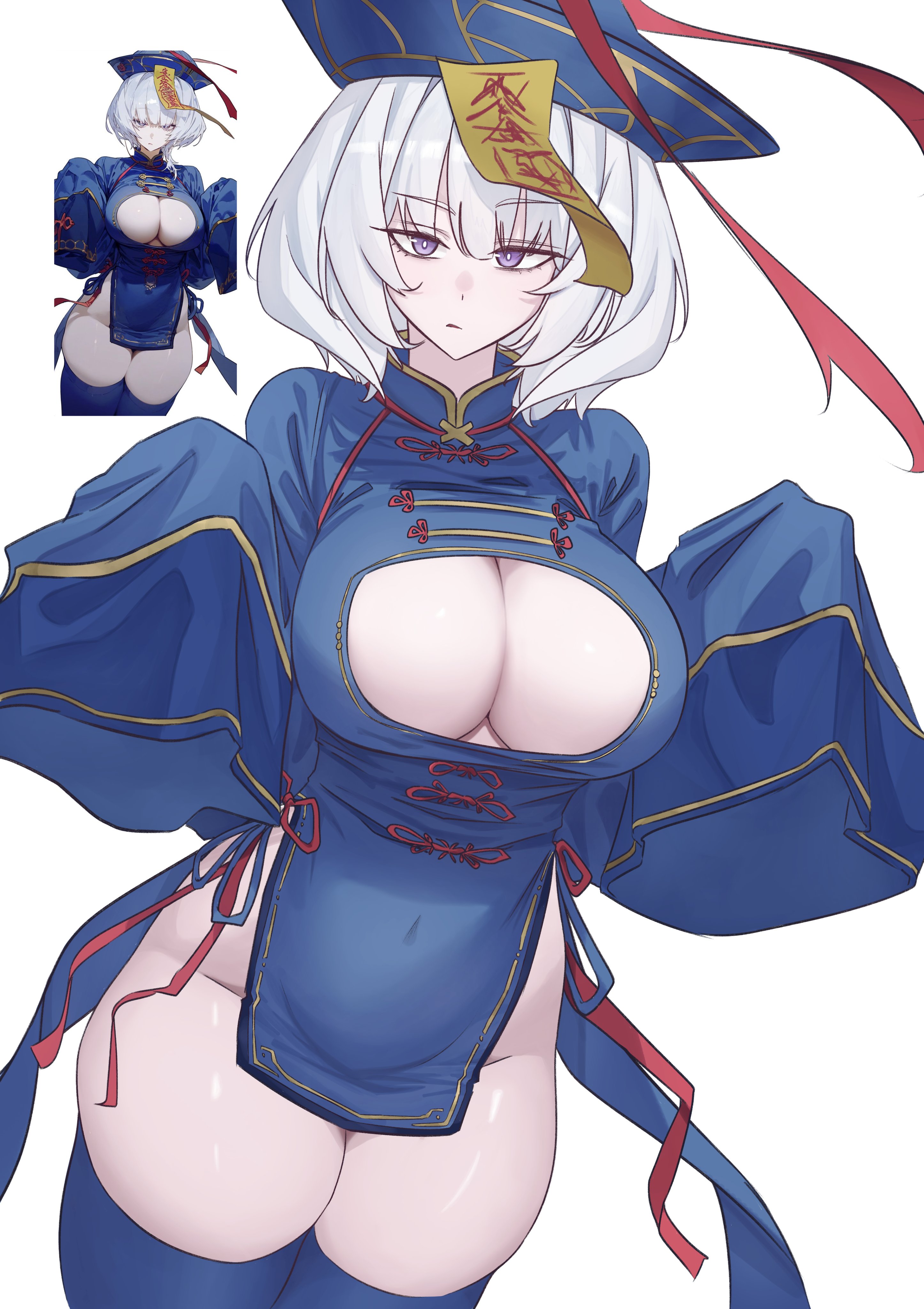 absurdres, character request, copyright request, highres, 1girl, blue dress, breasts, cleavage, cleavage cutout, clothing cutout, covered navel, dress, inset, jiangshi costume, k dhen, large breasts, pelvic curtain, purple eyes, simple background, solo, white background, white hair