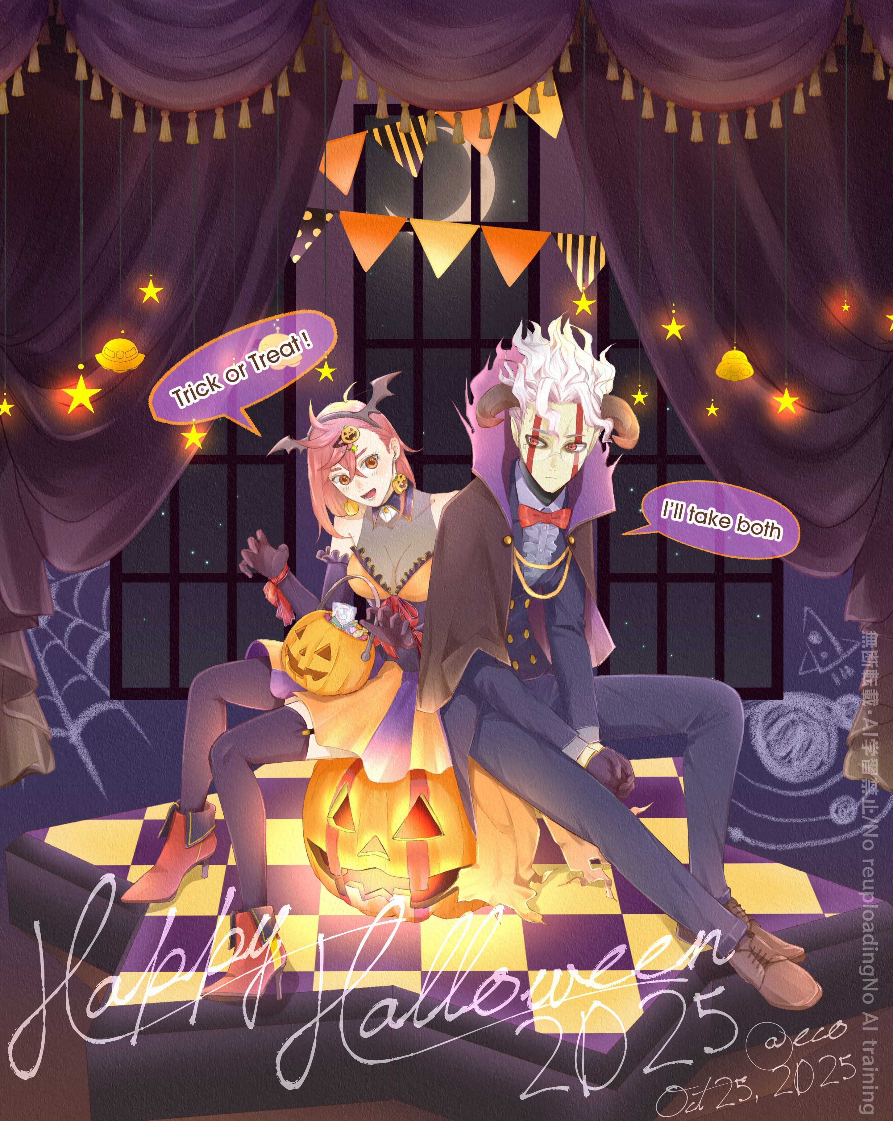 ayase momo, takakura ken (dandadan), takakura ken (transformed) (dandadan), dandadan, absurdres, commentary request, highres, 1boy, 1girl, 2025, ankle boots, bare shoulders, black gloves, black hairband, black jacket, black pants, black thighhighs, boots, bow, bowtie, breasts, brown eyes, brown hair, brown shoes, buttons, capelet, checkered floor, cleavage, cloud, crossed bangs, curtains, dated, demon horns, dress, earrings, eco 0000, elbow gloves, facial mark, fake head wings, food-themed earrings, food-themed hair ornament, food themed earrings, full body, garter straps, glasses, gloves, hair between eyes, hair ornament, hairband, hairclip, halloween, halloween bucket, halloween costume, happy birthday, high heel boots, high heels, horns, indoors, jacket, jewelry, medium breasts, night, night sky, open mouth, orange dress, pants, pumpkin, pumpkin earrings, pumpkin hair ornament, red boots, red bow, red bowtie, red eyes, round eyewear, shoes, short hair, sitting, sky, star (sky), star (symbol), starry sky, suit jacket, thighhighs, transformation, trick or treat, twitter username, vampire costume, white hair, window