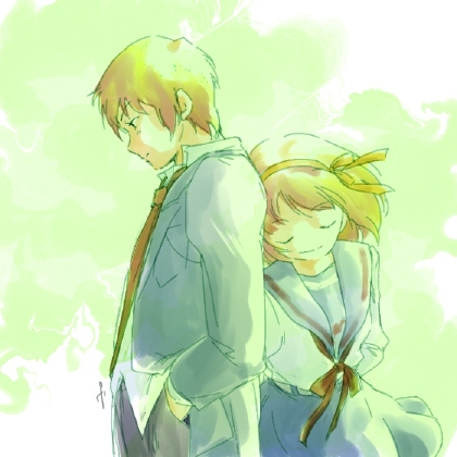 feu, kyon, suzumiya haruhi, suzumiya haruhi no yuuutsu, bad id, bad pixiv id, lowres, 00s, brown hair, hairband, school uniform, serafuku, short hair