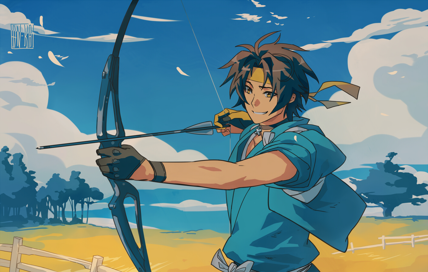 kaa05n2, asaba harumasa, zenless zone zero, commentary, english commentary, 1boy, archery, arrow (projectile), artist name, asymmetrical gloves, black gloves, black hair, blue kimono, blue sky, bow (weapon), choker, cloud, collarbone, drawing bow, fence, field, gloves, headband, holding, holding bow (weapon), holding weapon, japanese clothes, kimono, kyuudou, male focus, mismatched gloves, outdoors, parted bangs, partially fingerless gloves, partly fingerless gloves, short hair, sky, solo, tree, weapon, wristband, yellow gloves, yellow headband, yugake