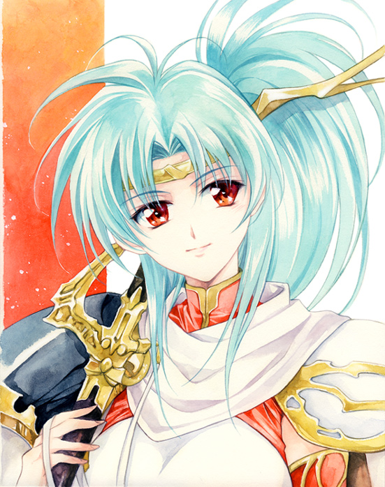 agahari, angelina, angelina (langrisser), langrisser, langrisser iv, bad id, bad pixiv id, armor, cape, circlet, green hair, holding, holding sword, holding weapon, pauldrons, ponytail, red background, sheath, sheathed, shoulder armor, solo, sword, weapon, white background