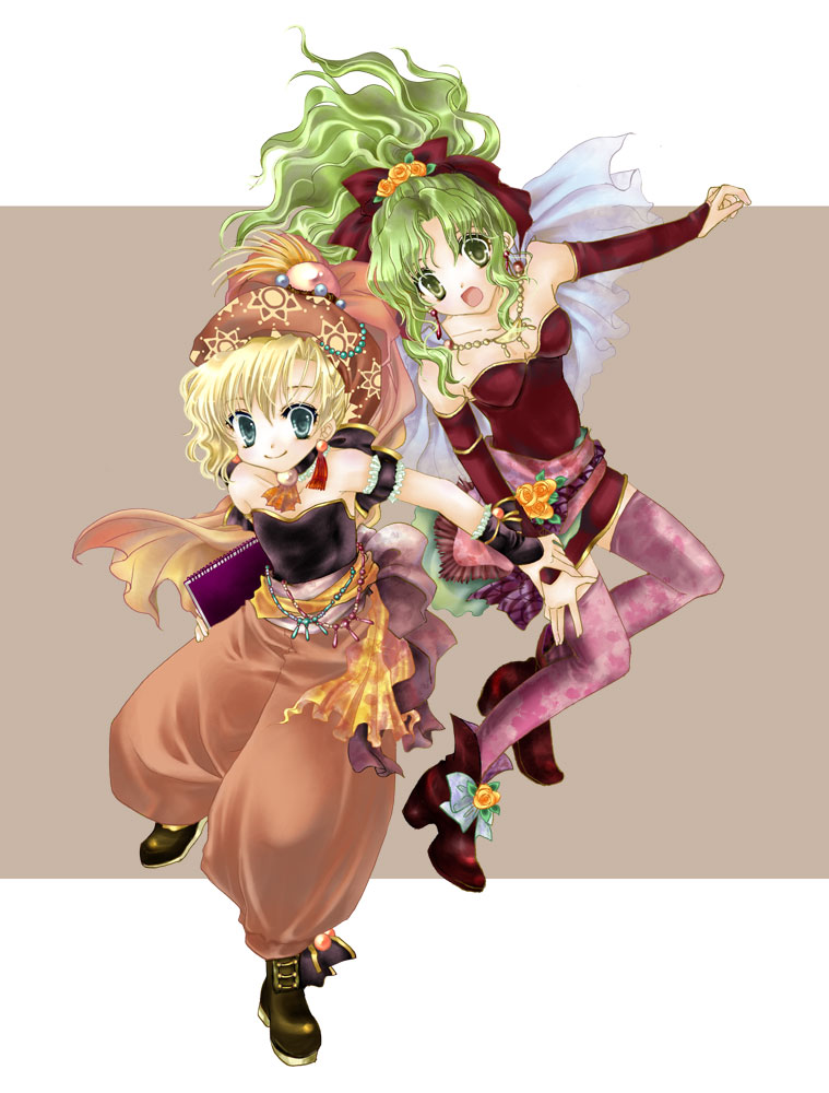 hal (pixiv93013), natsuki haruna, relm arrowny, tina branford, final fantasy, final fantasy vi, 1990s (style), 2girls, blonde hair, blue eyes, bow, bridal gauntlets, cape, earrings, elbow gloves, gloves, green eyes, green hair, hair bow, hat, jewelry, long hair, multiple girls, necklace, open mouth, ponytail, retro artstyle, short hair, simple background, skirt, smile, thighhighs, zettai ryouiki