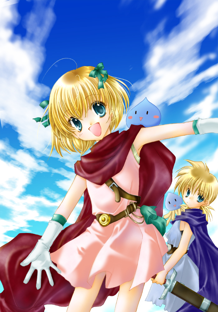 hal (pixiv93013), natsuki haruna, healslime, hero's daughter (dq5), hero's son (dq5), slime (dragon quest), dragon quest, dragon quest v, 1boy, 1girl, blonde hair, blue eyes, blush, bow, brother and sister, cape, child, cloud, day, dress, gloves, hair bow, open mouth, sheath, sheathed, short hair, siblings, sky, smile, sword, twins, weapon