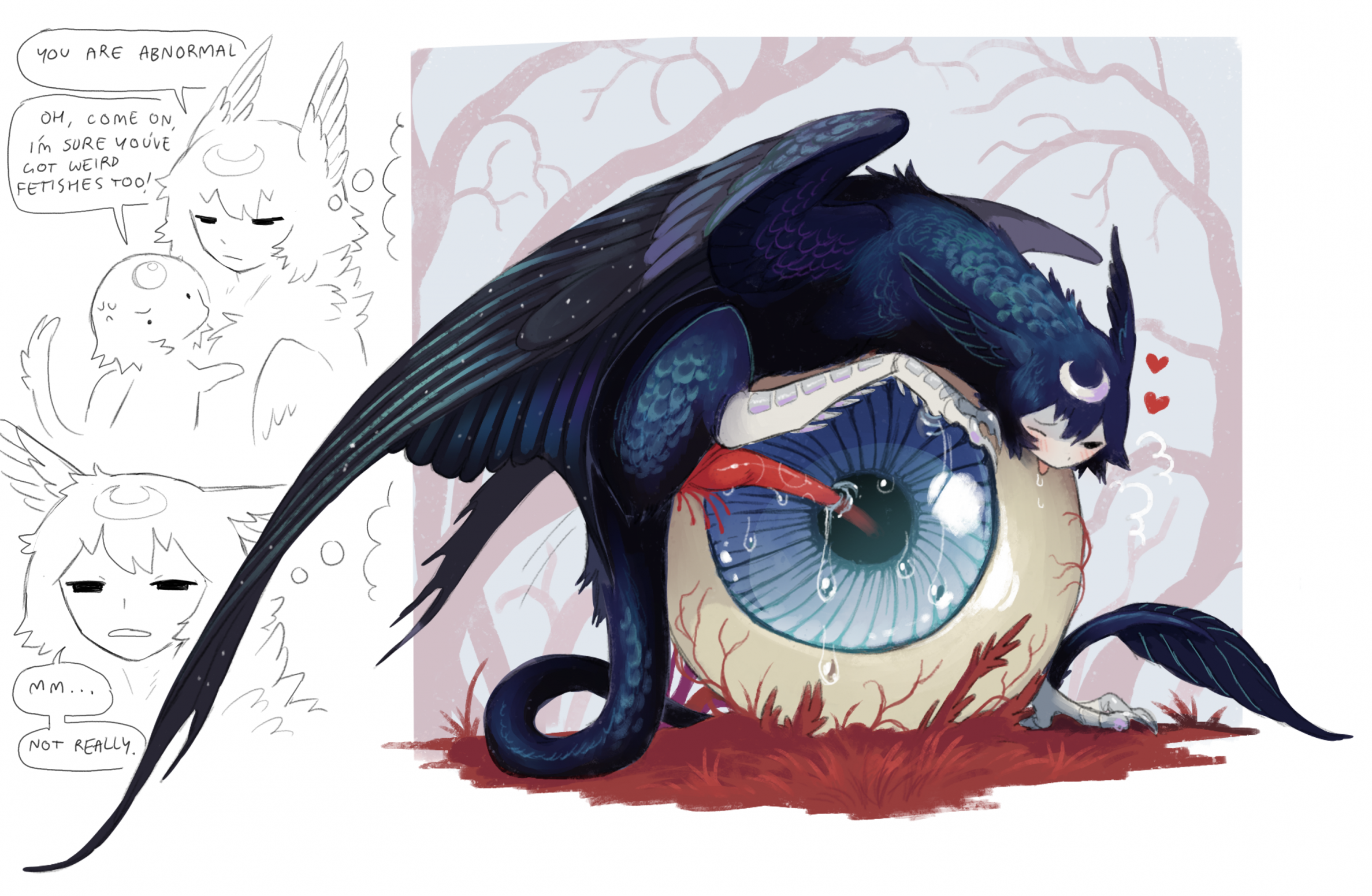 jejejunum, secret (jejejunum), original, highres, 2girls, blue feathers, blue hair, blue tail, blue wings, breath, creature, crescent, crescent facial mark, dragon, english text, eyeball, facial mark, feathers, grass, green wings, harpy, heart, hypocrite, monster, monster girl, multicolored feathers, multicolored wings, multiple girls, nethermare, one eye closed, orgasm, penis, red grass, red penis, tail, talking, tongue, tongue out, tree, whisper (jejejunum), wings