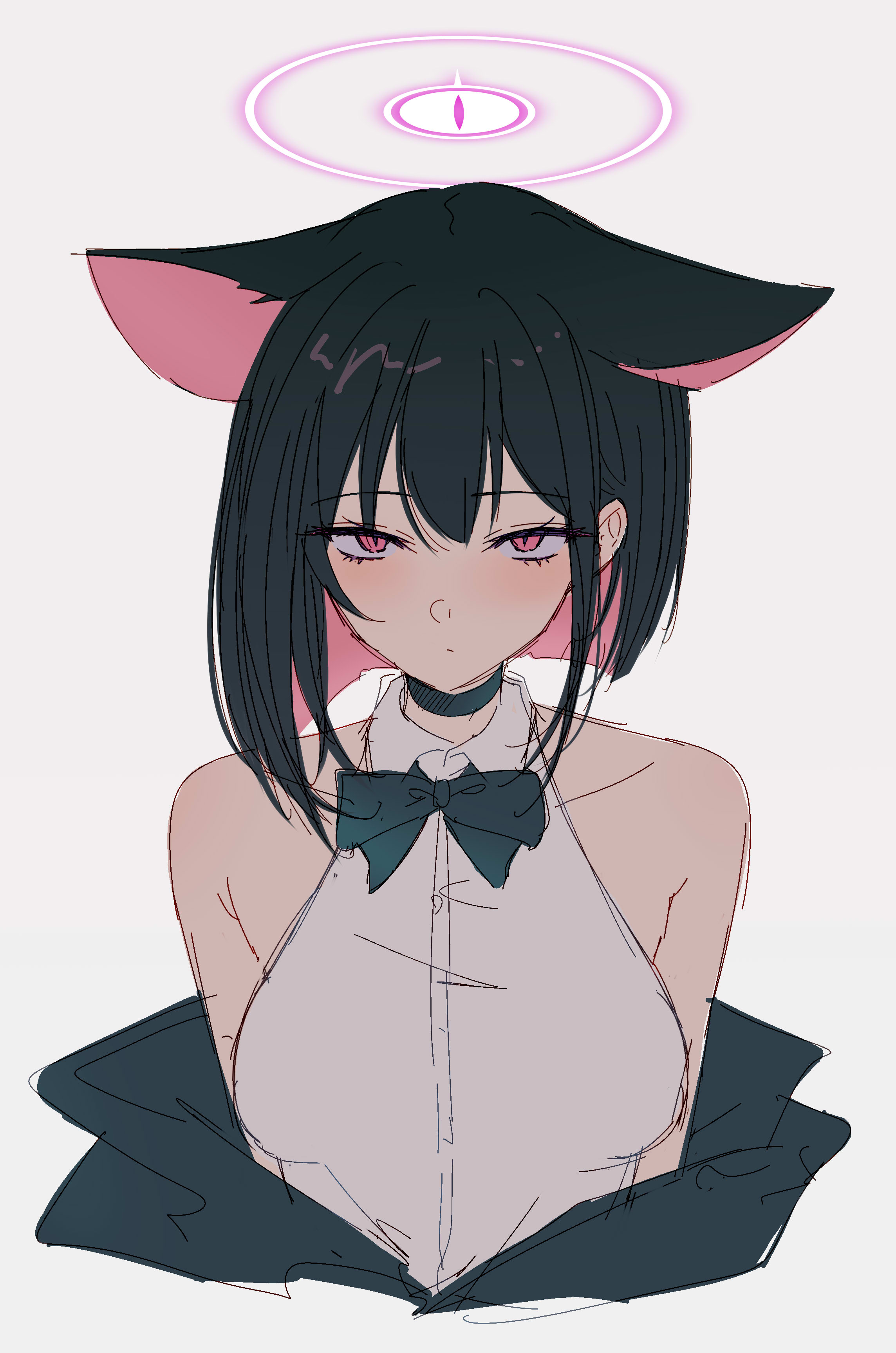 yata mawari, kazusa (blue archive), blue archive, absurdres, highres, 1girl, alternate costume, animal ears, black choker, cat ears, cat girl, choker, colored inner animal ears, colored inner hair, extra ears, halo, multicolored hair, pink hair, pink halo, solo, two-tone hair, upper body