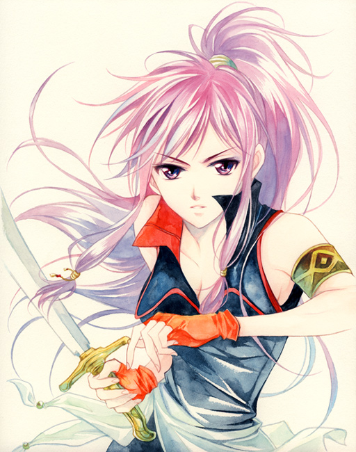 agahari, marisa (fire emblem), fire emblem, fire emblem: the sacred stones, nintendo, bad id, bad pixiv id, armband, fingerless gloves, gloves, long hair, ponytail, purple eyes, purple hair, simple background, sword, weapon