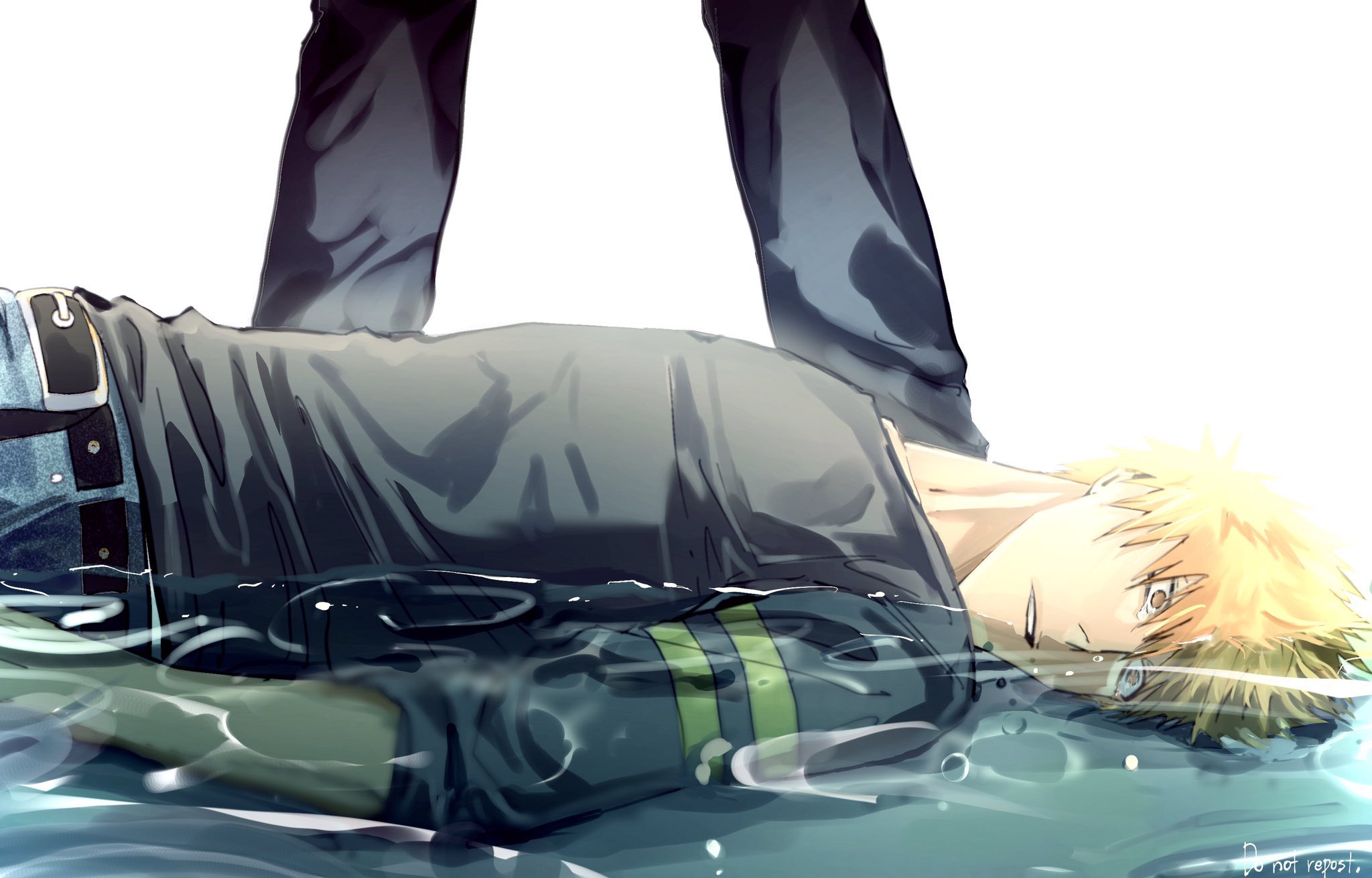 siji105, kurosaki ichigo, bleach, commentary request, highres, 1boy, 1other, belt, long sleeves, lying, on back, orange eyes, orange hair, parted lips, partially submerged, shirt tucked in, short hair, simple background, sleeves pushed up, standing, teeth, water, white background