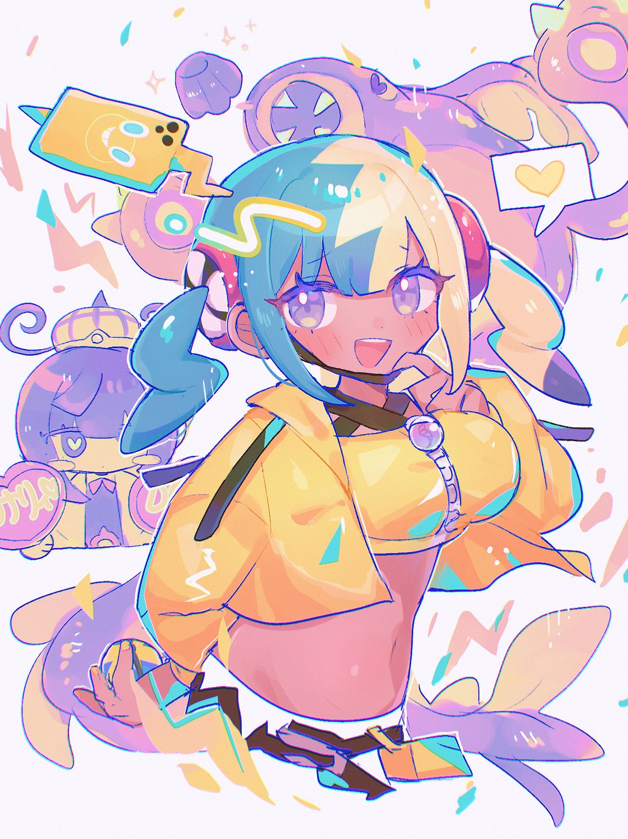 sushiuma m, canari (pokemon), eelektross, gwynn (pokemon), mega eelektross, rotom, rotom phone, nintendo, pokemon, pokemon legends: z-a, highres, 2girls, :d, black dress, black hair, blonde hair, blue hair, blush stickers, coat, crop top, cropped jacket, dress, gen 4 pokemon, gen 5 pokemon, hat, heart, heart-shaped pupils, holding, holding poke ball, jacket, multicolored hair, multiple girls, open clothes, open coat, open jacket, open mouth, poke ball, pokemon (creature), purple eyes, purple hair, quick ball, short hair, smile, split-color hair, symbol-shaped pupils, twintails, white coat, yellow jacket, yuri