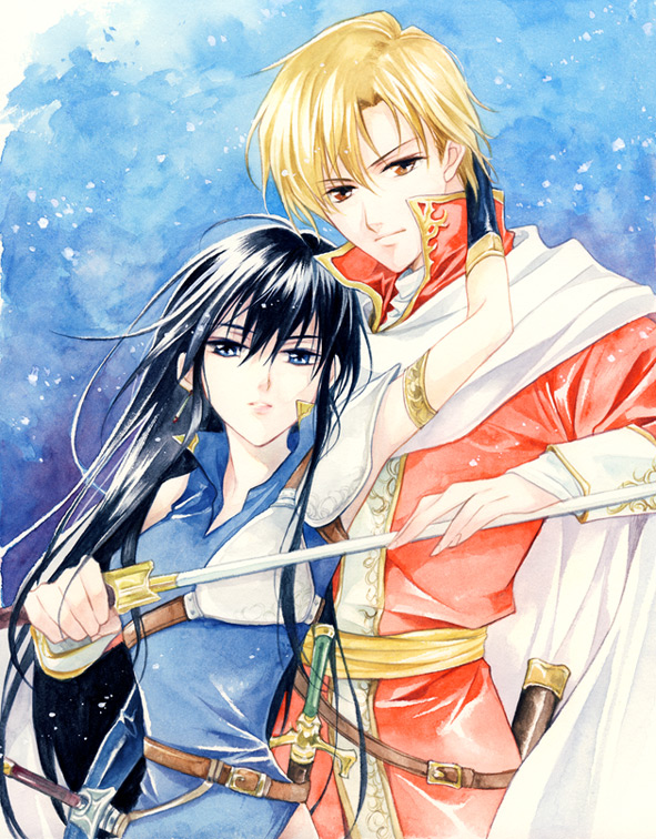 agahari, ayra (fire emblem), naoise (fire emblem), fire emblem, fire emblem: genealogy of the holy war, nintendo, bad id, bad pixiv id, 1boy, 1girl, black hair, blue eyes, cape, couple, dress, gloves, hetero, long hair, sword, weapon