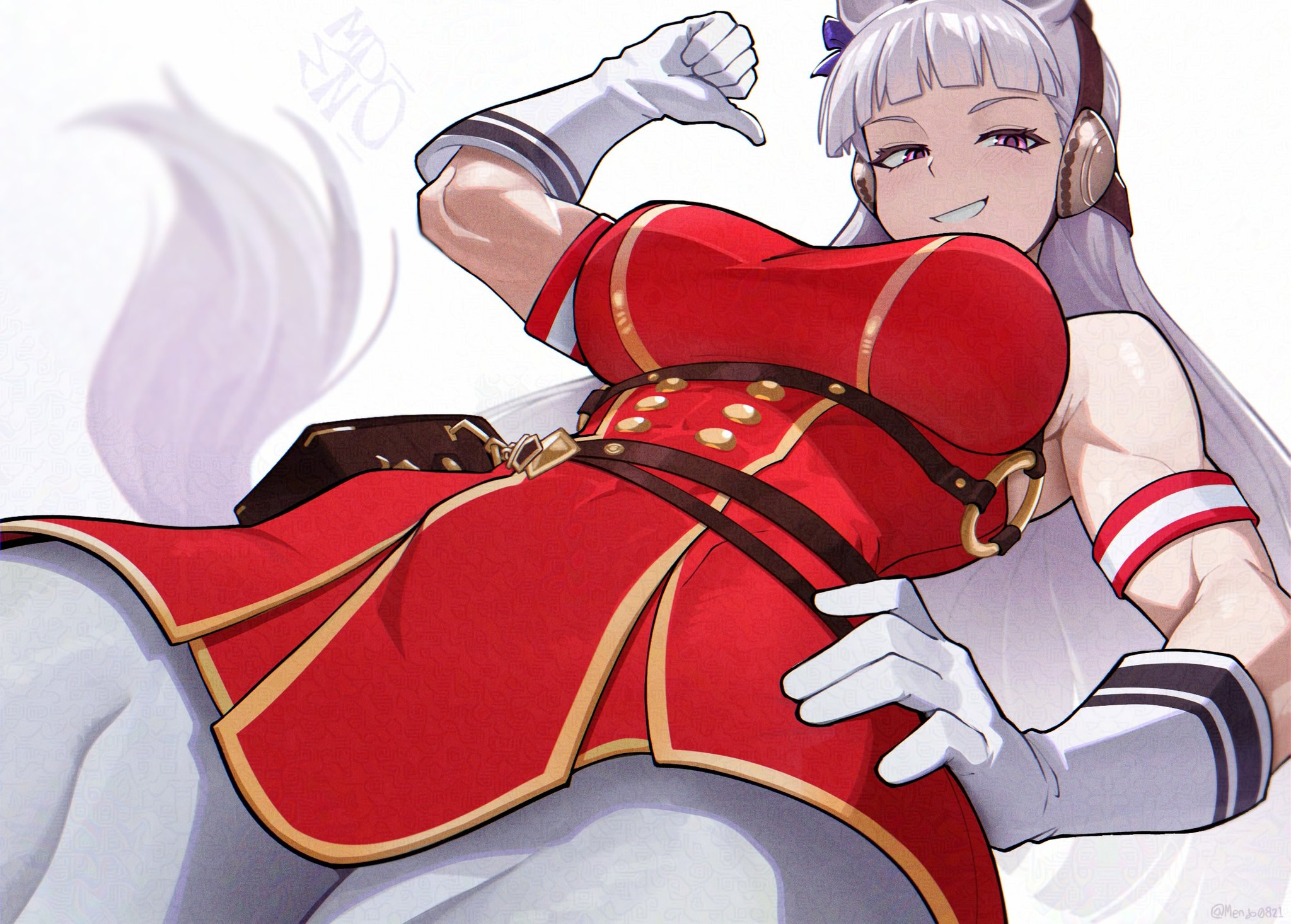 mendo0821, gold ship (umamusume), umamusume, commentary, english commentary, highres, 1girl, animal ears, breasts, gloves, grey hair, horse ears, horse girl, muscular, muscular female, purple eyes, solo, white background, white gloves