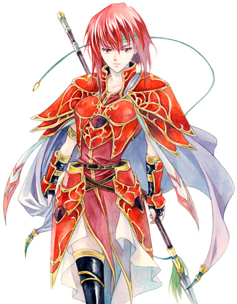 agahari, minerva (fire emblem), fire emblem, fire emblem: mystery of the emblem, fire emblem: shadow dragon, nintendo, bad id, bad pixiv id, 1girl, angry, armor, boots, cape, female focus, fingerless gloves, gauntlets, gloves, headband, lance, polearm, red armor, red eyes, red hair, short hair, simple background, solo, spear, tabard, thigh boots, thighhighs, weapon, wyvern rider