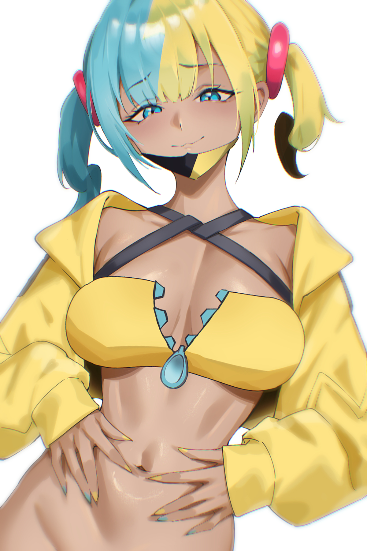 ei (eiei e1), canari (pokemon), nintendo, pokemon, pokemon legends: z-a, highres, 1girl, bandeau, blonde hair, blue hair, blush, bottomless, breasts, cleavage, dark-skinned female, dark skin, jacket, large breasts, long sleeves, looking at viewer, mask, medium hair, mouth mask, multicolored hair, navel, out-of-frame censoring, purple eyes, smile, solo, split-color hair, stomach, twintails, two-tone mask, yellow bandeau, yellow jacket