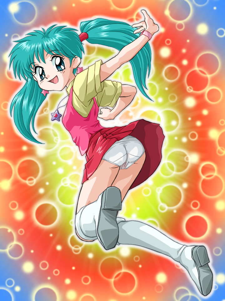 zummy, mint (sweet mint), mahou no angel sweet mint, bad id, bad pixiv id, 1990s (style), 1girl, aqua eyes, aqua hair, boots, circle, earrings, female focus, jewelry, loli, magical girl, necklace, panties, pantyshot, retro artstyle, skirt, smile, solo, star (symbol), star earrings, tank top, twintails, underwear, upskirt, watch, white boots, white panties, wristwatch