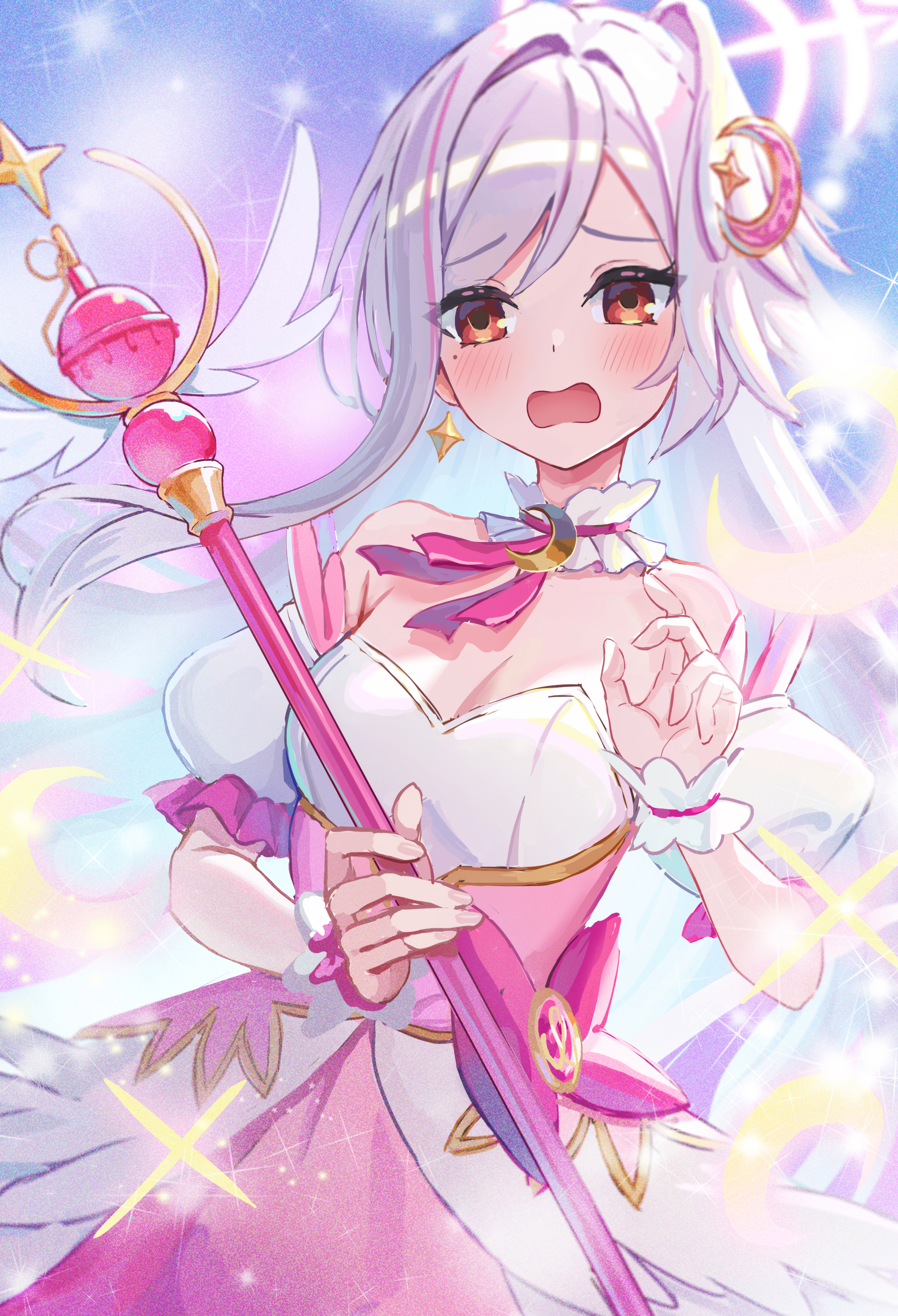 madopen, suzumi (blue archive), suzumi (magical) (blue archive), blue archive, absurdres, highres, 1girl, blush, crescent, crescent hair ornament, diamond earrings, dress, earrings, grey hair, hair ornament, holding, holding wand, jewelry, looking at viewer, medium hair, mole, mole under eye, multicolored hair, official alternate costume, open mouth, pink hair, red eyes, solo, streaked hair, wand, white dress, white wrist cuffs, wrist cuffs