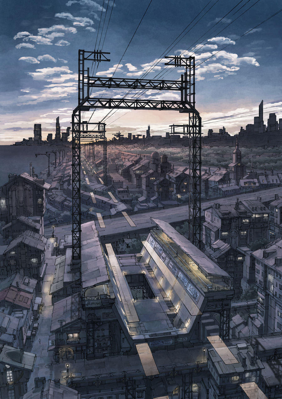 k kanehira, kanehira, original, highres, cityscape, cloud, no humans, power lines, scenery, science fiction, sky, sunrise, sunset, town, train station, vanishing point