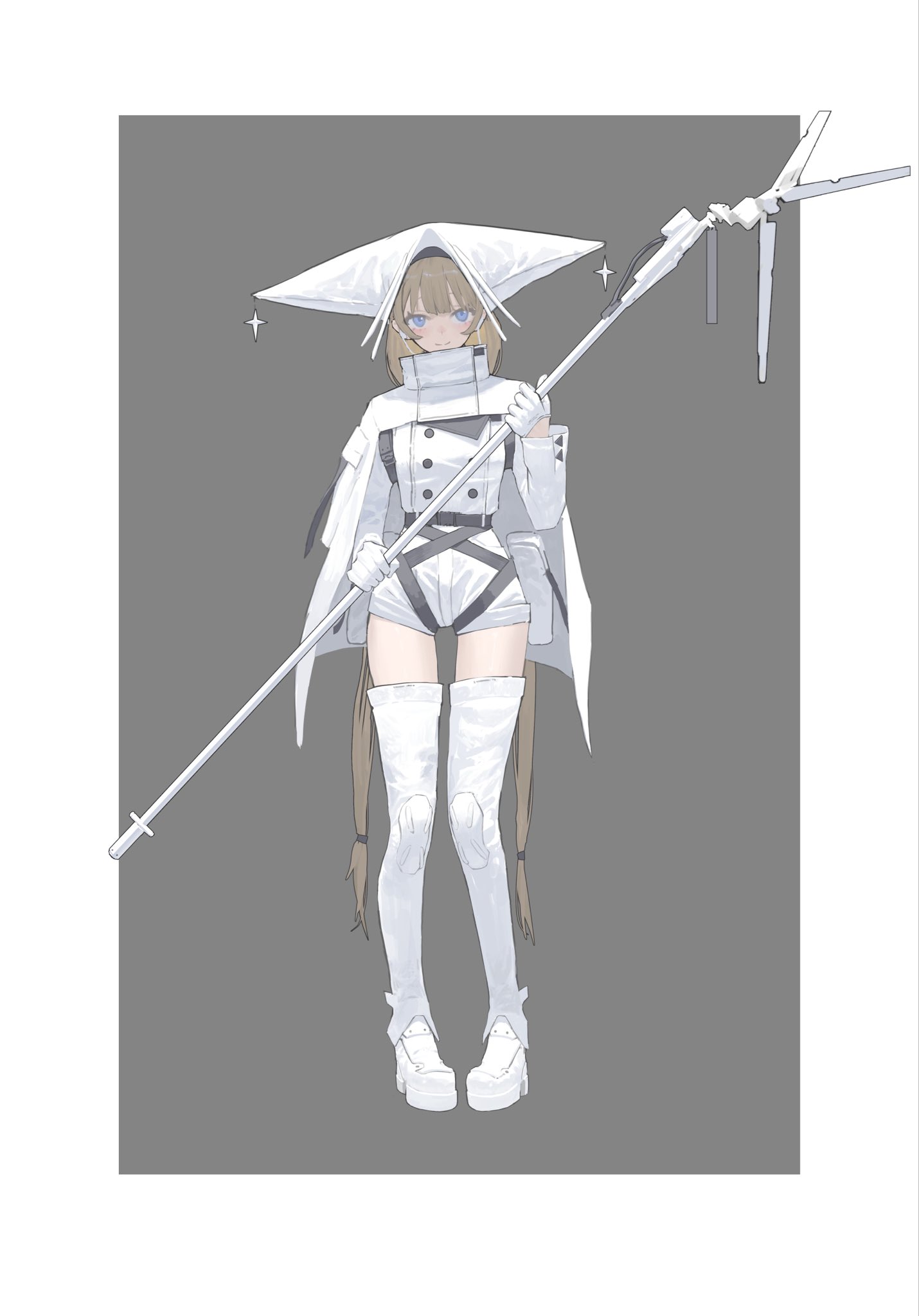 jin yu0810, original, highres, 1girl, artist name, belt, blonde hair, blue eyes, blush, border, cloak, earphones, full body, gloves, grey background, grey belt, hair between eyes, hat, holding, holding staff, instagram logo, instagram username, light smile, long hair, long sleeves, pixiv logo, shoes, signature, simple background, solo, staff, standing, tachi-e, thighhighs, thighs, twintails, twitter username, twitter x logo, very long hair, white border, white cloak, white gloves, white hat, white shoes, white thighhighs