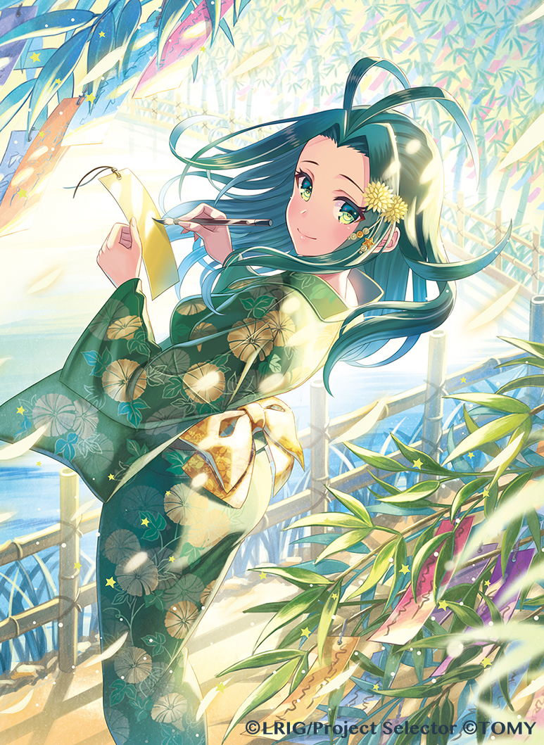 madopen, midoriko (wixoss), wixoss, copyright request, official art, 1girl, antenna hair, calligraphy brush, closed mouth, flower, green eyes, green hair, green kimono, hair flower, hair ornament, holding, holding calligraphy brush, holding paintbrush, japanese clothes, kimono, looking at viewer, medium hair, paintbrush, qixi festival, smile, solo