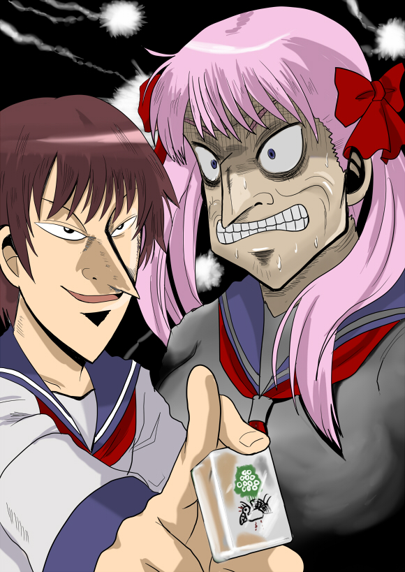 nullhachi, akagi shigeru, haramura nodoka, miyanaga saki, washizu iwao, akagi, akagi: yami ni oritatta tensai, fukumoto mahjong, saki (manga), bad id, bad pixiv id, blue eyes, board game, bow, brown hair, hair bow, holding, holding mahjong tile, mahjong, mahjong tile, neckerchief, null-hachi, parody, pink hair, red neckerchief, school uniform, serafuku, short hair, smile, sweat, twintails