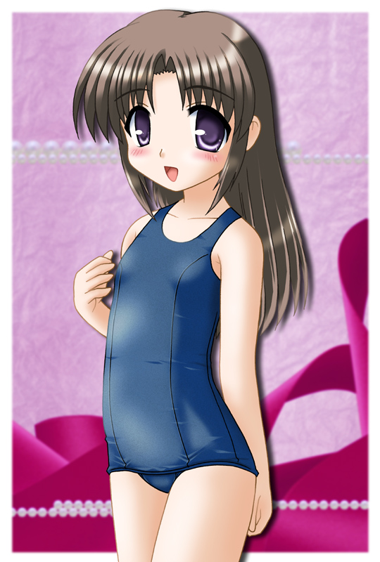 neopure, nonohara yui, tsuki wa higashi ni hi wa nishi ni, 00s, 1girl, blue one-piece swimsuit, blue school swimsuit, blush, brown hair, collarbone, female focus, flat chest, long hair, one-piece swimsuit, open mouth, parted bangs, purple eyes, school swimsuit, solo, swimsuit