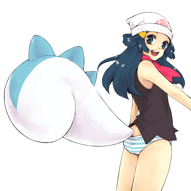 sten, dawn (pokemon), pachirisu, nintendo, pokemon, bad id, bad pixiv id, 1girl, beanie, blue hair, female focus, fusion, gen 4 pokemon, hat, looking back, panties, parody, pokemon (creature), red scarf, scarf, simple background, solo, standing, striped clothes, striped panties, tail, underwear, white background