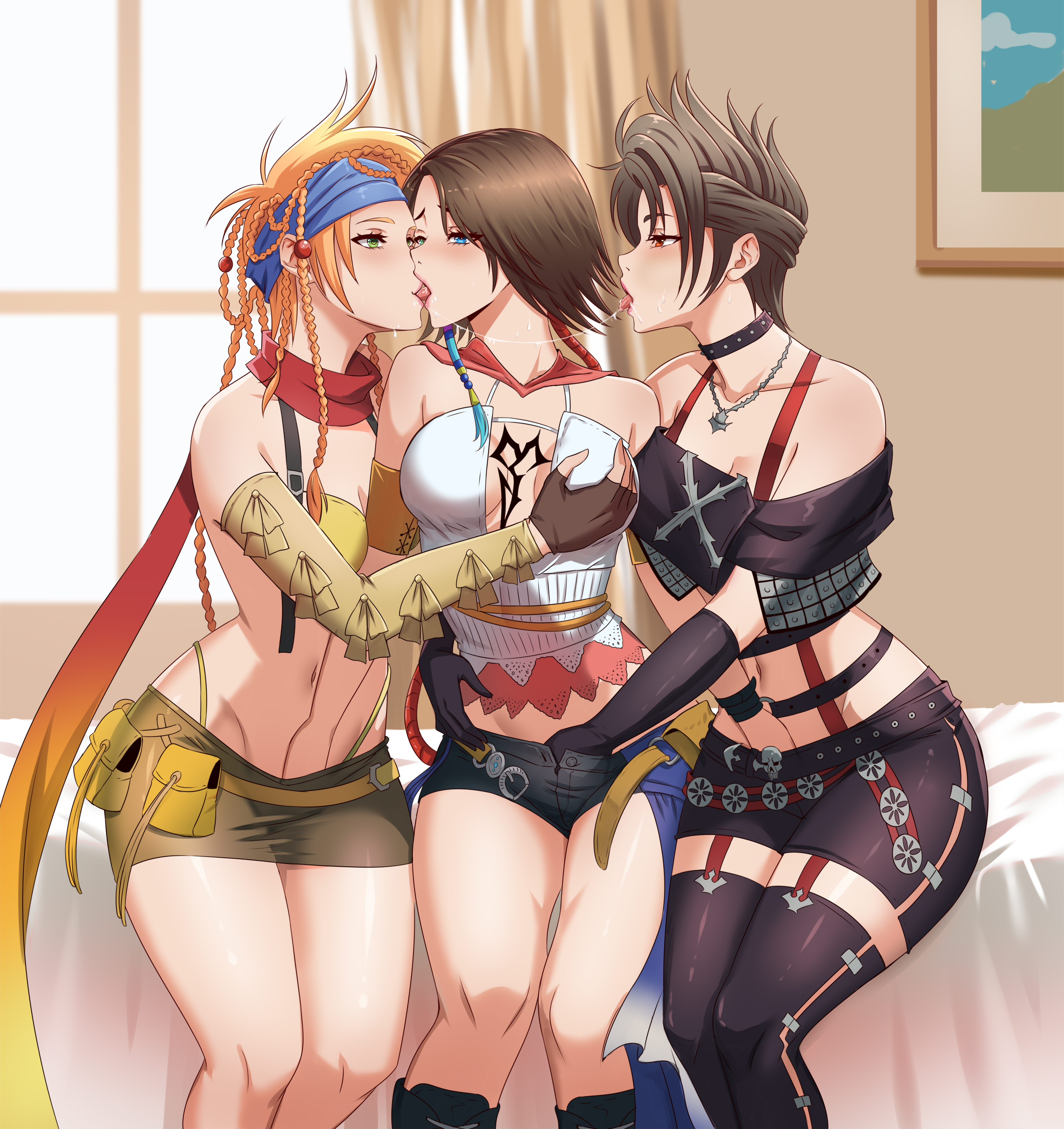 leofoxart, paine (ff10), rikku (ff10), yuna (ff10), final fantasy, final fantasy x, final fantasy x-2, absurdres, commentary, commission, english commentary, highres, variant set, 3girls, bed, bikini, blonde hair, blue eyes, brown hair, collar, detached sleeves, fff threesome, fingerless gloves, french kiss, girl sandwich, gloves, grabbing another's breast, green eyes, grey hair, groping, group sex, hand in another's clothes, hand in another's skirt, heterochromia, jewelry, kiss, miniskirt, multiple girls, necklace, red eyes, saliva, saliva trail, sandwiched, scarf, short shorts, shorts, sitting, skirt, studded collar, swimsuit, thighs, thong, threesome, tongue, tongue out, yellow bikini, yuri