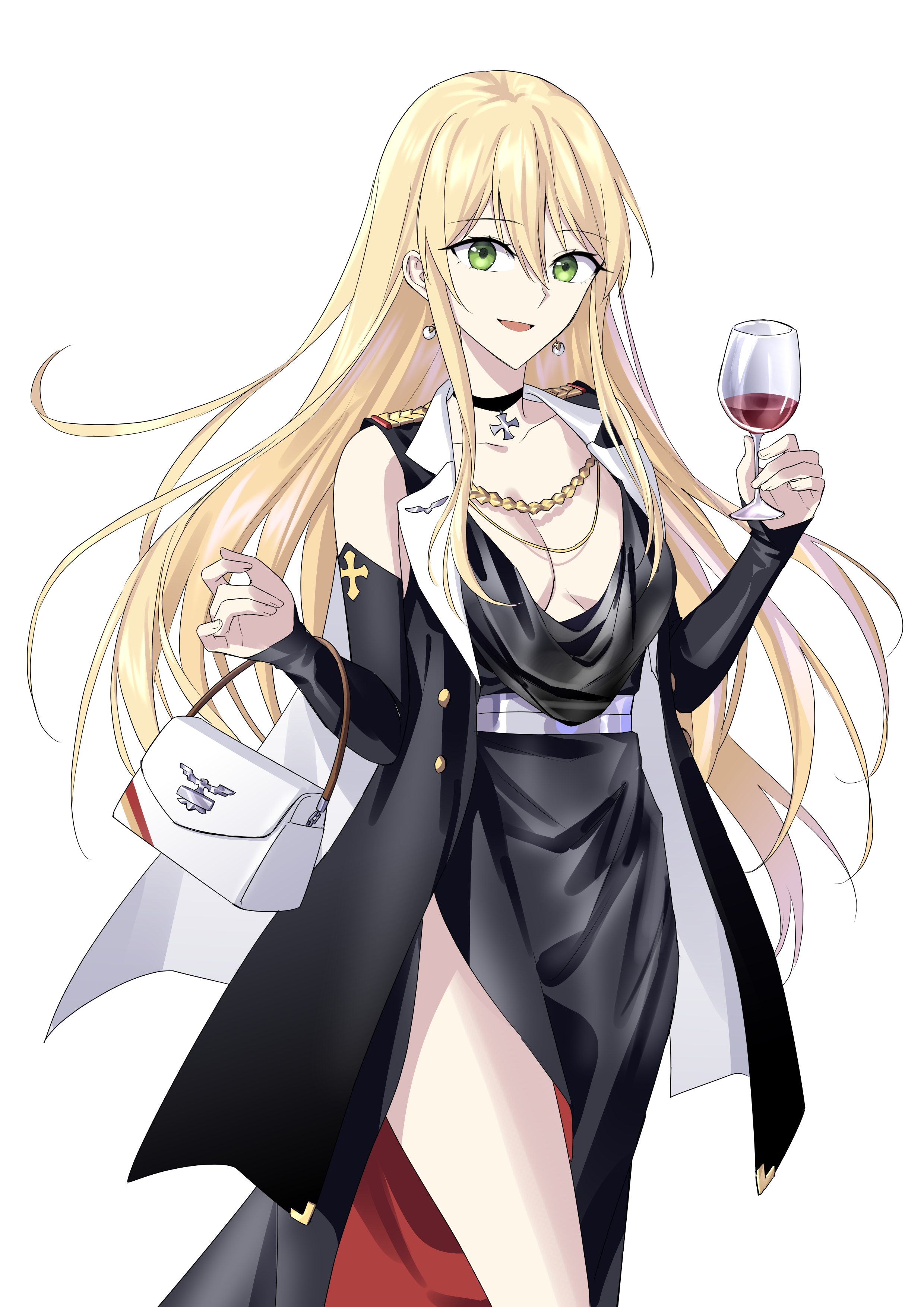 suprii, stg44 (girls' frontline), girls' frontline, absurdres, highres, 1girl, aiguillette, alcohol, alternate costume, bag, bare legs, bird pin, black choker, black dress, black jacket, blonde hair, breasts, choker, cleavage, collarbone, cross, cross choker, cup, detached sleeves, dress, drinking glass, earrings, epaulettes, fingernails, green eyes, hair between eyes, handbag, holding, holding cup, iron cross, jacket, jewelry, lapels, long hair, looking at viewer, medium breasts, open clothes, open jacket, open mouth, plunging neckline, simple background, sleeveless, sleeveless dress, sleeveless jacket, smile, solo, white background, wine, wine glass
