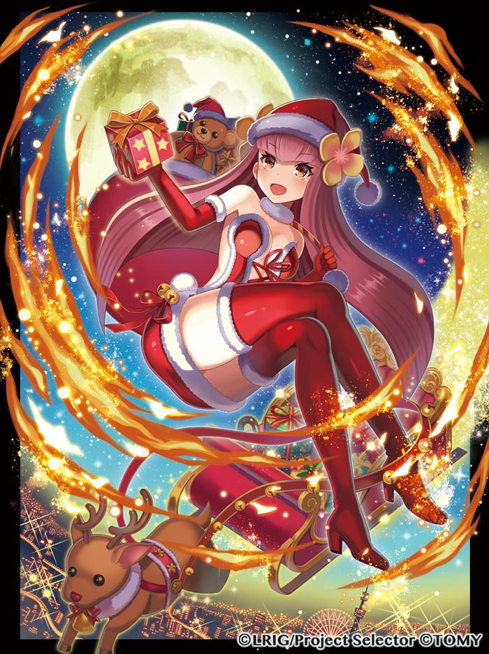 madopen, hanayo (wixoss), wixoss, official art, 1girl, boots, breasts, christmas present, elbow gloves, fire, full moon, gift, gloves, hat, holding, holding gift, long hair, looking at viewer, medium breasts, moon, official alternate costume, open mouth, red boots, red gloves, red hair, red hat, reindeer, santa costume, santa hat, smile, solo, thigh boots, very long hair