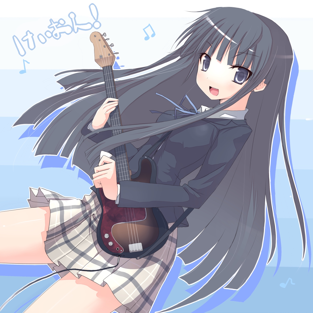 hiraga matsuri, hirasato, akiyama mio, k-on!, highres, 00s, 1girl, bass guitar, black hair, female focus, guitar, instrument, plaid clothes, plaid skirt, school uniform, skirt, solo