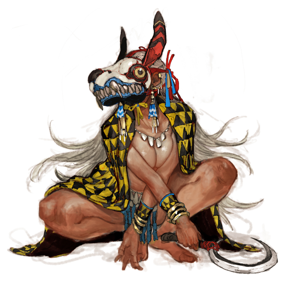 tahra, tagme, 1girl, breasts, dark-skinned female, dark skin, feet, large breasts, mask, simple background, white background