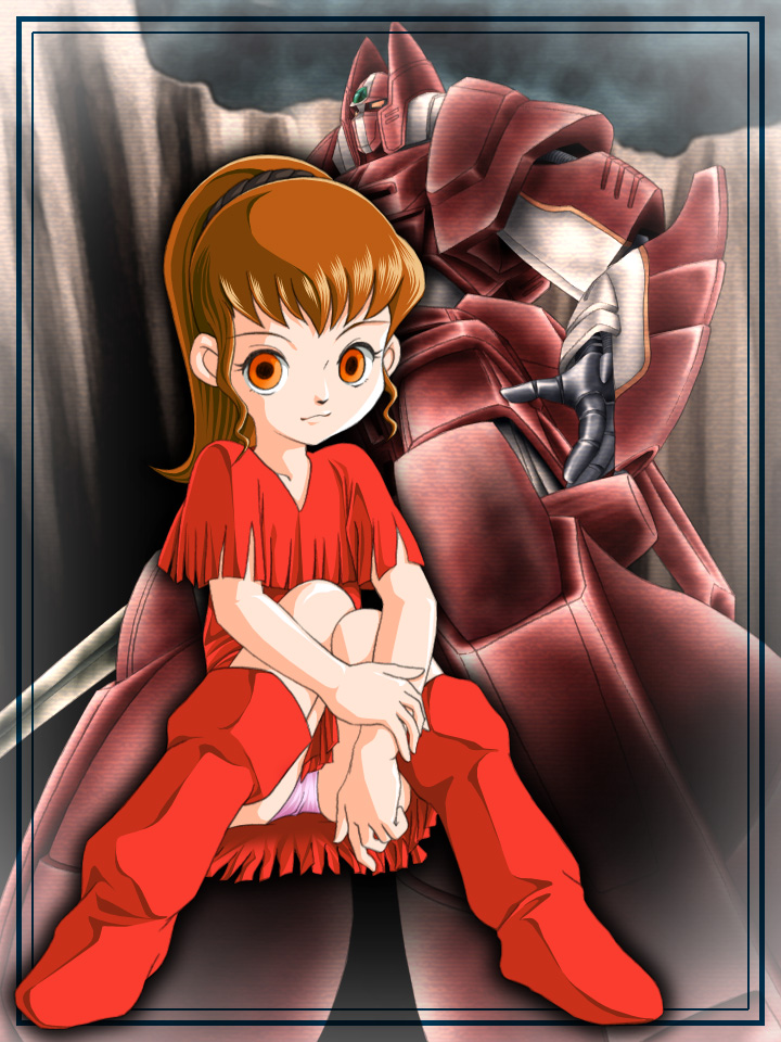 zummy, chururu, galient, kikou-kai galient, 1980s (style), bad id, bad pixiv id, 1girl, :3, boots, brown hair, child, fringe trim, knee boots, mecha, oldschool, orange eyes, panties, pantyshot, ponytail, retro artstyle, robot, sitting, underwear