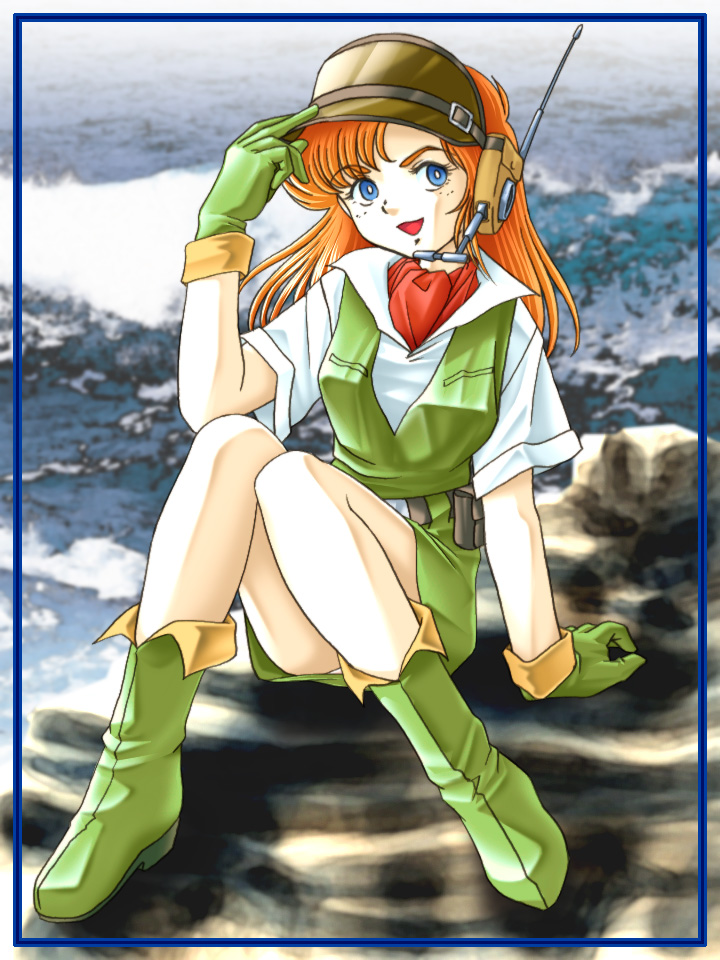 zummy, doris wave, giant gorg, visor, bad id, bad pixiv id, 1girl, ascot, blue eyes, boots, female focus, gloves, green boots, headset, orange hair, sitting, smile, solo, visor cap