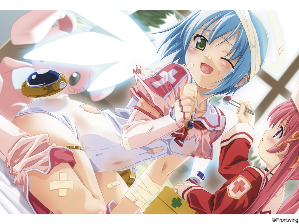 kuuchuu yousai, djibril (makai tenshi djibril), luvriel, manabe rika, makai tenshi djibril, pink legwear, official art, official wallpaper, 2girls, :o, ;d, age difference, angel, angel wings, arm support, bandages, bandaid, bandaid on face, bandaid on nose, blood, blue hair, blurry, blush, body blush, boots, bottle, breasts, brooch, child, covered navel, crop top, cross, depth of field, dutch angle, elbow gloves, fingerless gloves, first aid kit, from side, gem, gloves, glowing, glowing wings, green eyes, hair ribbon, halo, hat, holding, indoors, injury, jewelry, leaning forward, long hair, long sleeves, looking at viewer, magical girl, multiple girls, navel, necktie, nipples, one-piece swimsuit, one eye closed, open mouth, pink boots, pink gloves, pink hair, pink shrug, profile, puffy short sleeves, puffy sleeves, purple eyes, red cross, red hair, ribbon, school swimsuit, school uniform, see-through clothes, serafuku, shirt, short hair, short sleeves, shrug (clothing), sitting, sleeve cuffs, smile, stuffed animal, stuffed rabbit, stuffed toy, swimsuit, swimsuit costume, tears, thighhighs, thighlet, torn clothes, torn shirt, torn swimsuit, turtleneck, twintails, wariza, wet, wet clothes, white one-piece swimsuit, white school swimsuit, wide sleeves, wince, window, wings, wink