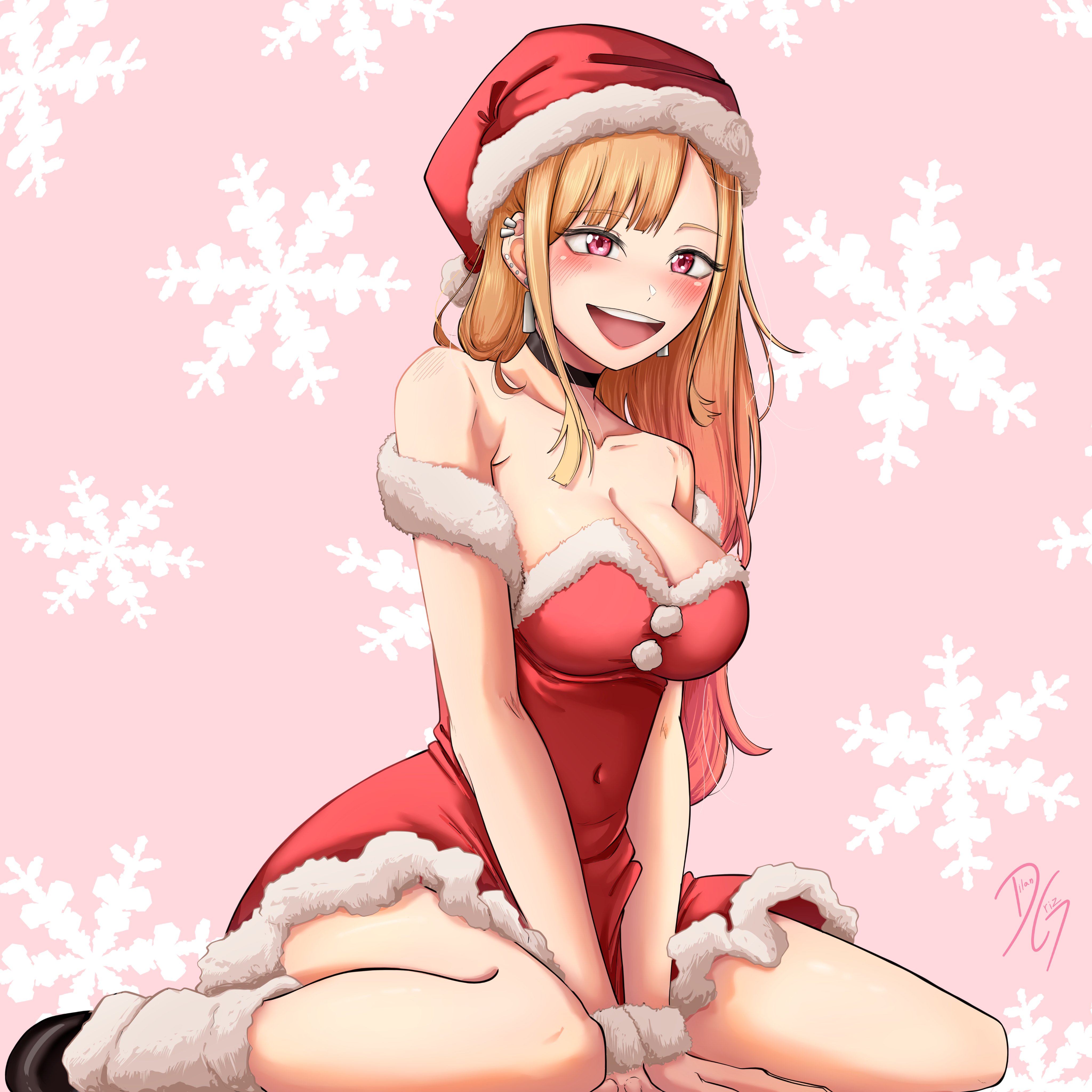 dilan griz, kitagawa marin, sono bisque doll wa koi wo suru, absurdres, commentary, english commentary, highres, 1girl, bare shoulders, between legs, black choker, blonde hair, blush, breasts, choker, christmas, cleavage, collarbone, dress, ear piercing, earrings, full body, fur-trimmed dress, fur-trimmed headwear, fur trim, fur wrist cuffs, hand between legs, hat, jewelry, large breasts, long hair, looking at viewer, open mouth, parted bangs, piercing, pink background, pink eyes, red dress, red hat, santa costume, santa dress, santa hat, sitting, smile, snowflake background, snowflakes, solo, wariza, wrist cuffs