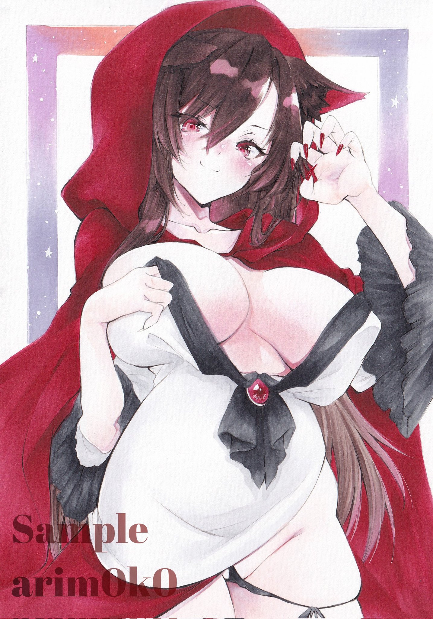 arim0k0, imaizumi kagerou, little red riding hood (fairy tale character), little red riding hood (fairy tale), touhou, commentary, highres, marker (medium), traditional media, 1girl, animal ears, artist name, black panties, blush, breasts, cleavage, closed mouth, cosplay, cowboy shot, fingernails, groin, halloween, halloween costume, huge breasts, little red riding hood (fairy tale character) (cosplay), long fingernails, panties, red eyes, red hood, red nails, sample watermark, smile, solo, underwear, watermark, wolf ears, wolf girl