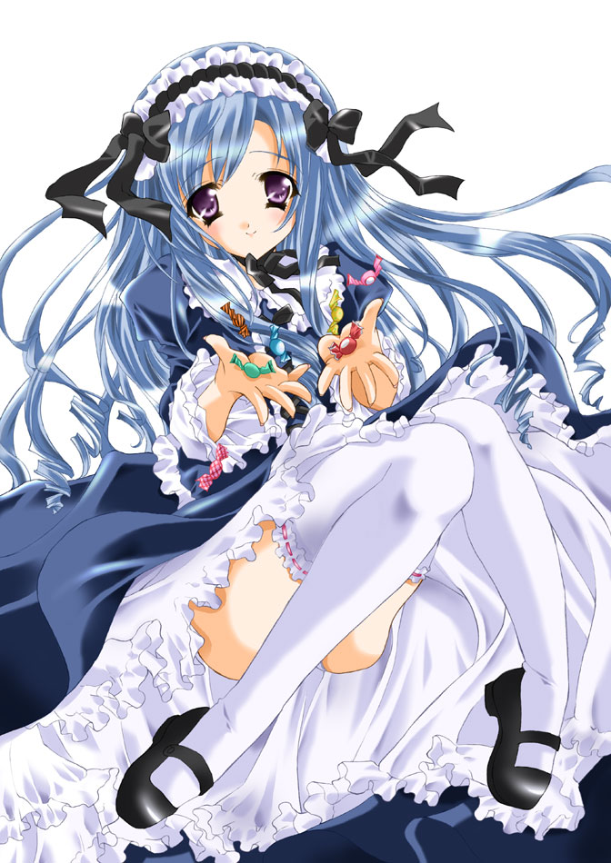 aria (sister princess), sister princess, 00s, blue hair, candy, dress, food, frilled thighhighs, frills, gothic lolita, hairband, lingerie, lolita fashion, lolita hairband, mary janes, panties, petticoat, purple eyes, shoes, smile, solo, thighhighs, underwear