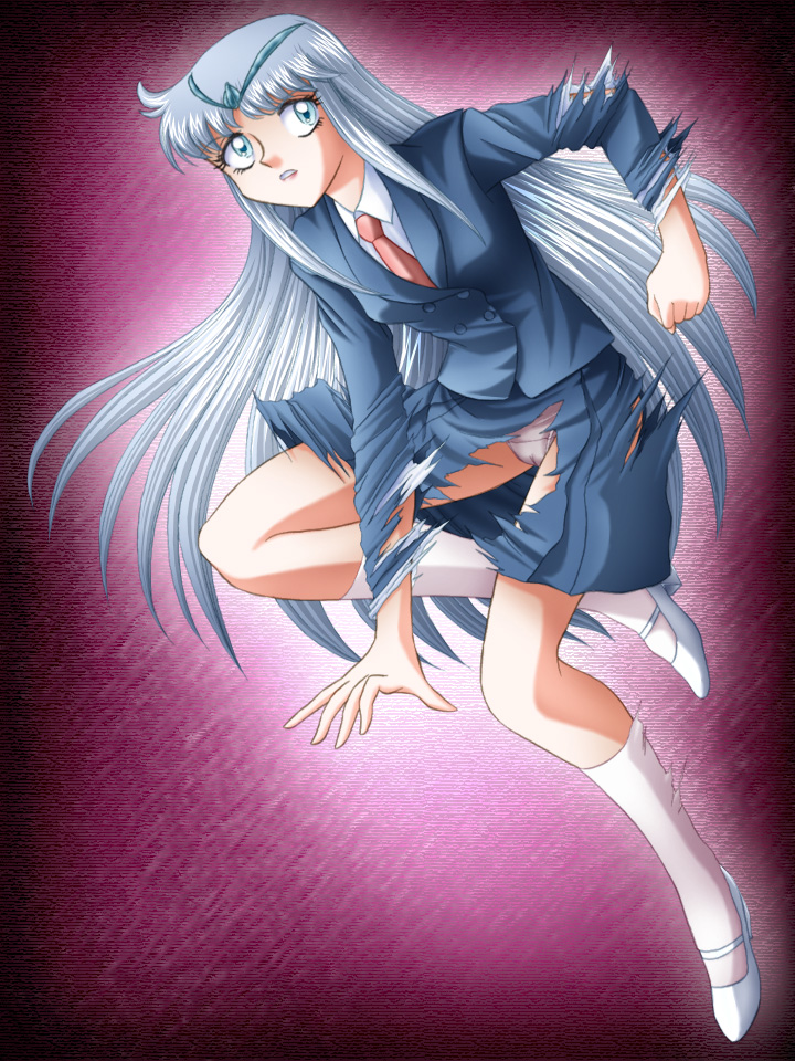 zummy, sonnet barge, crimson fang blue sonnet, bad id, bad pixiv id, blazer, blue eyes, blue hair, circlet, jacket, long hair, necktie, panties, pantyshot, school uniform, shoes, skirt, socks, solo, torn clothes, underwear, very long hair, white socks