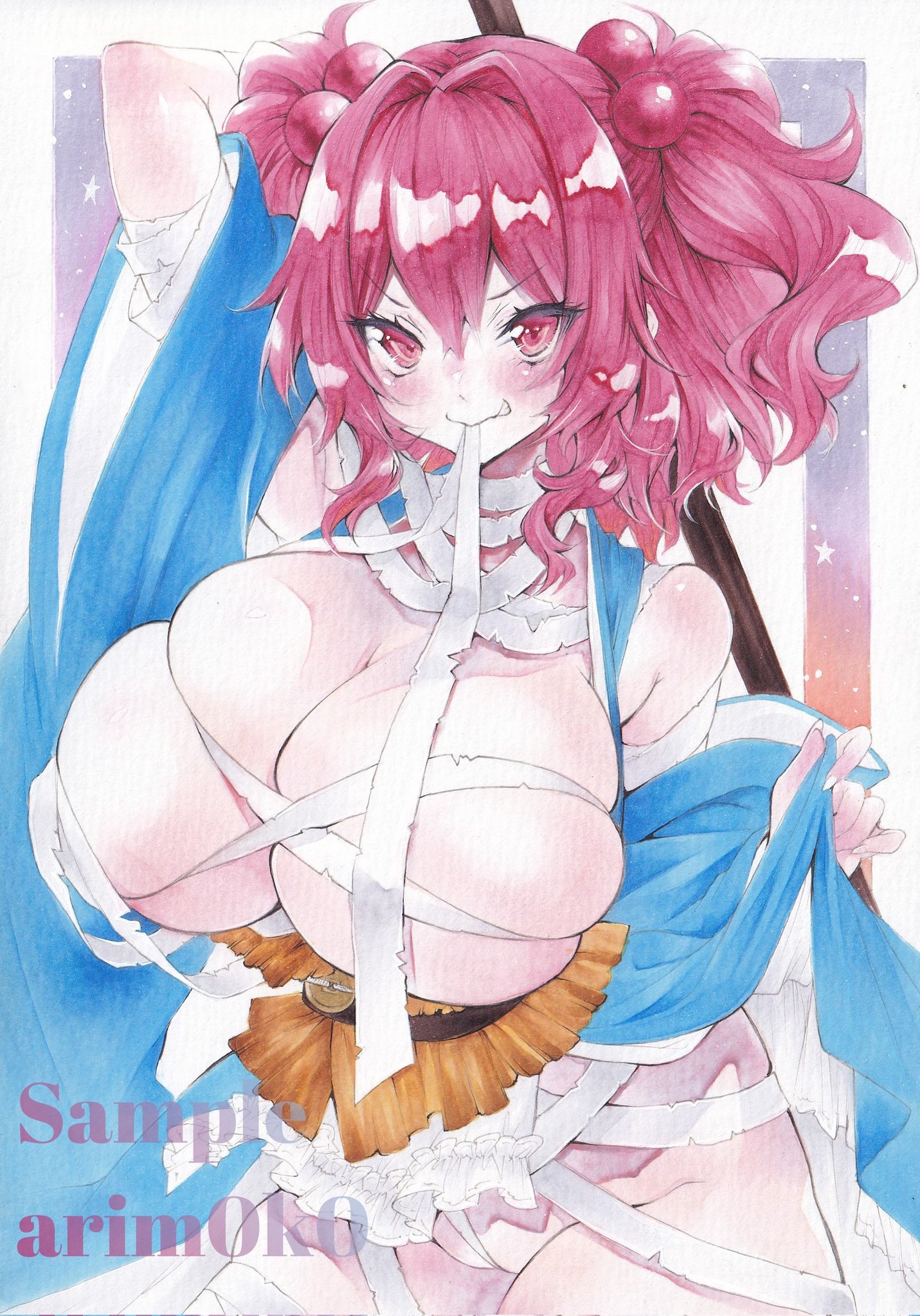 arim0k0, onozuka komachi, touhou, commentary, highres, traditional media, 1girl, artist name, bandages, blush, breasts, cleavage, closed mouth, coin, cowboy shot, hair intakes, halloween, halloween costume, huge breasts, long sleeves, looking at viewer, medium hair, mummy, mummy costume, red eyes, red hair, sample watermark, sash, skindentation, solo, two side up, v-shaped eyebrows, watermark, wide sleeves