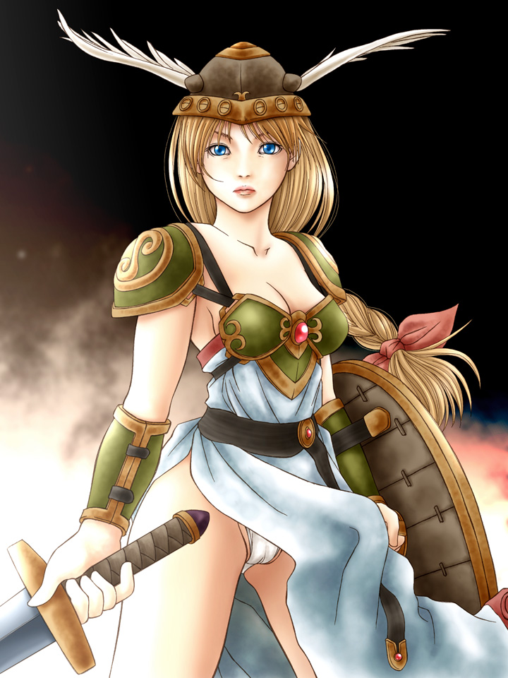 zummy, valkyrie (vnd), valkyrie no densetsu, bad id, bad pixiv id, 1girl, armor, armored dress, blonde hair, blue eyes, braid, breasts, cameltoe, cleavage, dress, green armor, hair ribbon, head wings, helmet, lipstick, long hair, makeup, medium breasts, panties, pantyshot, ribbon, shield, single braid, sword, underwear, valkyrie, weapon, white panties, winged helmet, wings