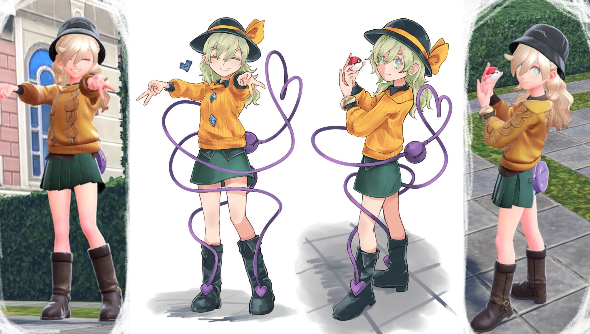 karua m, komeiji koishi, nintendo, pokemon, pokemon legends: z-a, touhou, commentary request, highres, 1girl, adapted costume, black hat, black shoes, boots, double v, green eyes, green hair, green skirt, hat, hat ribbon, long hair, multiple views, poke ball, reference inset, ribbon, shoes, simple background, skirt, sweater, v, white background, yellow ribbon, yellow sweater