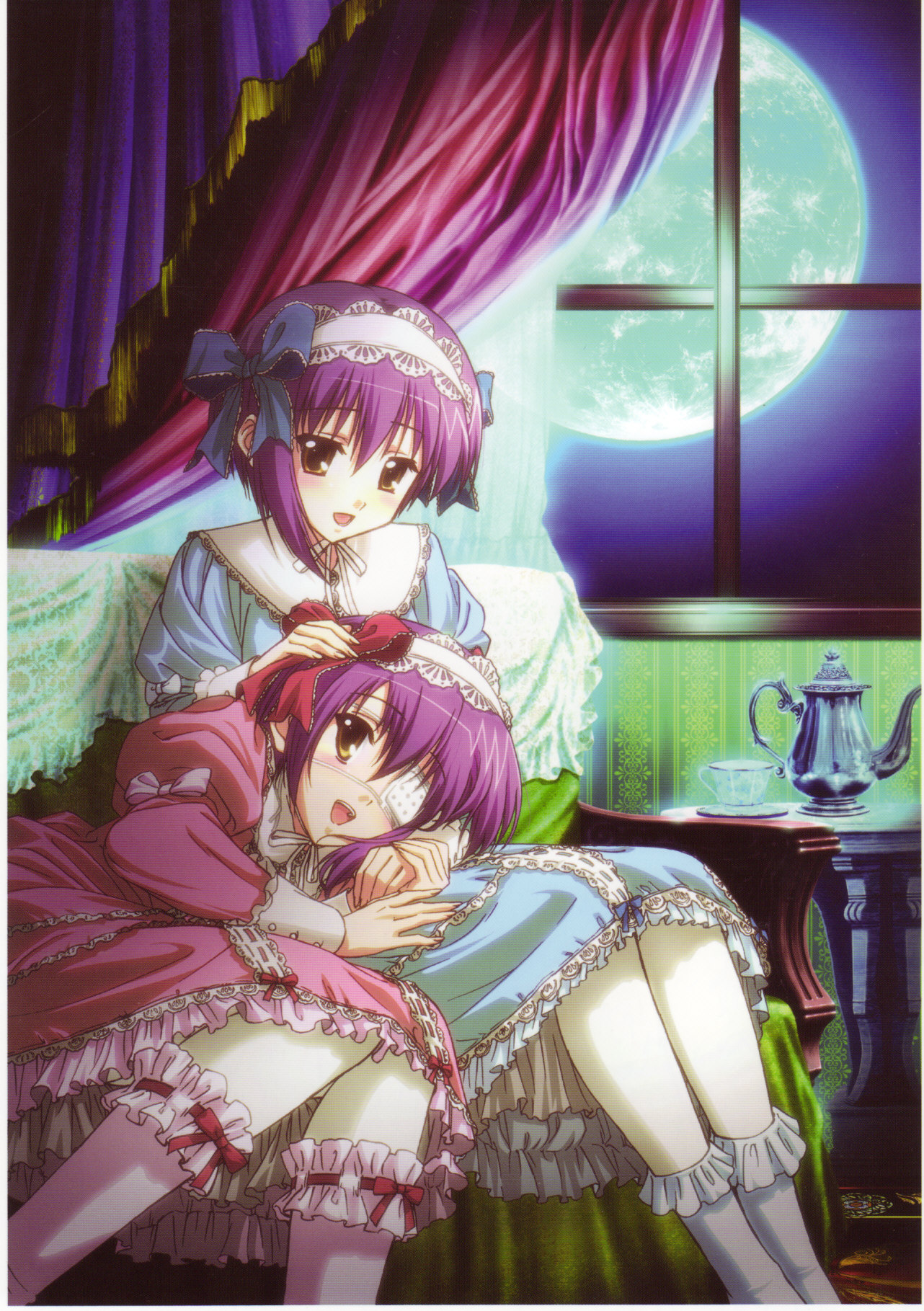 shindou chihiro, shindou kei (ef), ef (visual novel), frilled legwear, highres, scan, 00s, 2girls, :d, bobby socks, cup, curtains, eyepatch, full moon, hair ribbon, hairband, holding hands, juliet sleeves, kneehighs, lolita fashion, lolita hairband, long sleeves, moon, multiple girls, night, open mouth, puffy sleeves, ribbon, siblings, sisters, smile, socks, sweet lolita, teacup, teapot, twins, window