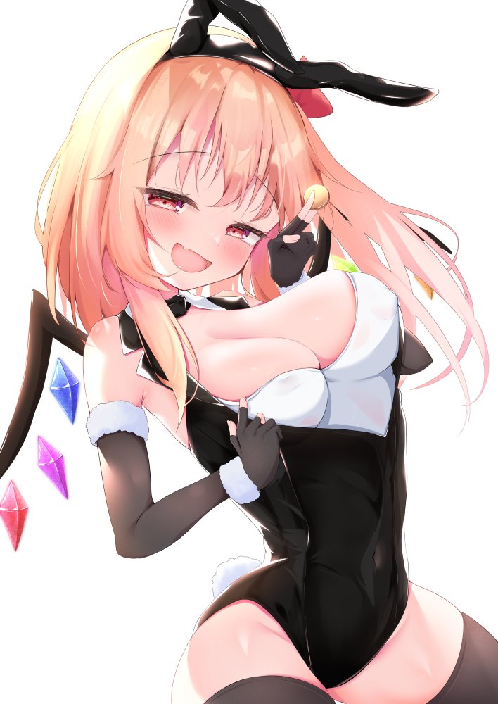 part1550105, flandre scarlet, touhou, commentary request, 1girl, :d, animal ears, black gloves, black leotard, black thighhighs, blush, breasts, cleavage, coin, covered erect nipples, crystal wings, elbow gloves, fang, fingerless gloves, food, gloves, large breasts, leotard, long hair, open mouth, playboy bunny, pudding, rabbit ears, rabbit tail, red eyes, simple background, skin fang, smile, solo, tail, thighhighs, white background, wings
