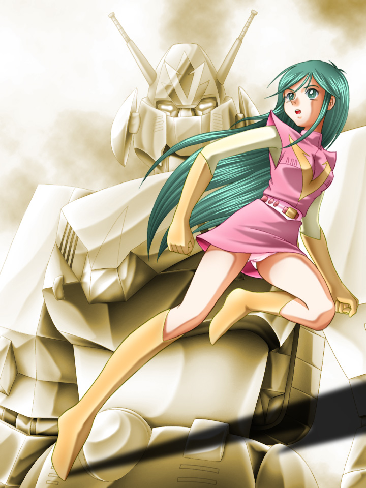 zummy, combattler v (robot), nanbara chizuru, choudenji robo combattler v, sunrise (company), toei company, bad id, bad pixiv id, 1970s (style), 1girl, boots, dress, gloves, green eyes, green hair, long hair, mecha, oldschool, panties, pantyshot, pink panties, retro artstyle, robot, short dress, underwear
